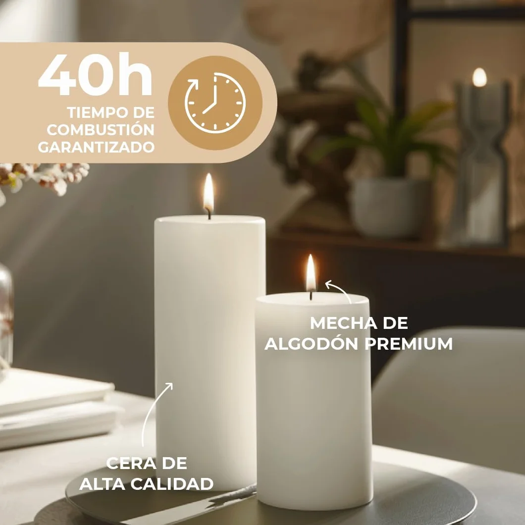 Horeca Candles - Velas de Pilar Marfil - Ø 6 x 12 cm - Juego de 12 Velones Decorativos - 40 Horas de Larga Duración - Sin Olor, Goteo ni Humo - Calidad RAL