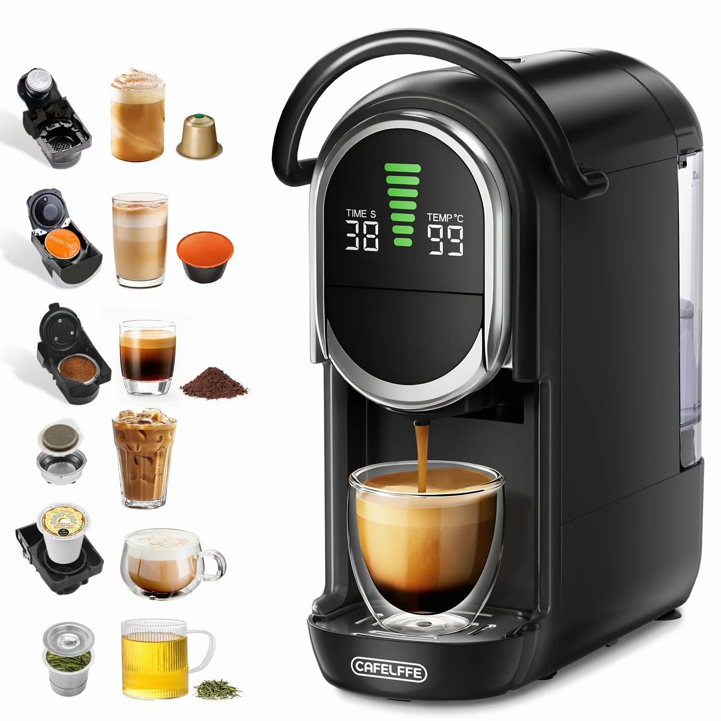 CAFELFFE Máquina de Café Espresso en Cápsulas MK-609S 6 en 1,Infusión Caliente/Fría,Compatible con Nes Original/DG/ESE/K Cup/Té/Café Molido