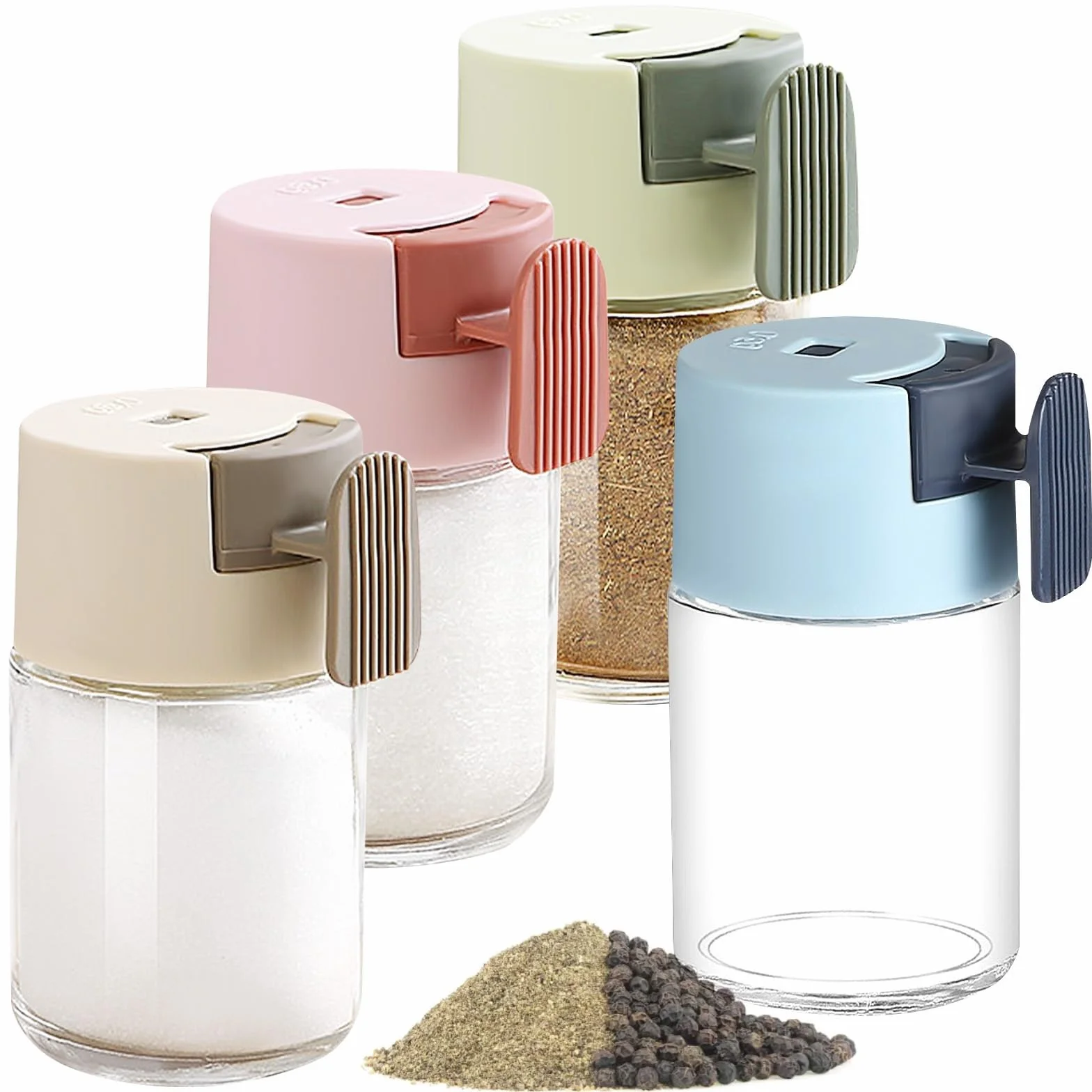 Juego de 4 Botes Especias con Asa, 100 ml Tarros de Especias con Dosificador de Sal y Pimentero, Dosificación Precisa de 0,5 g para Salero de Cocina Dispensador de Azúcar