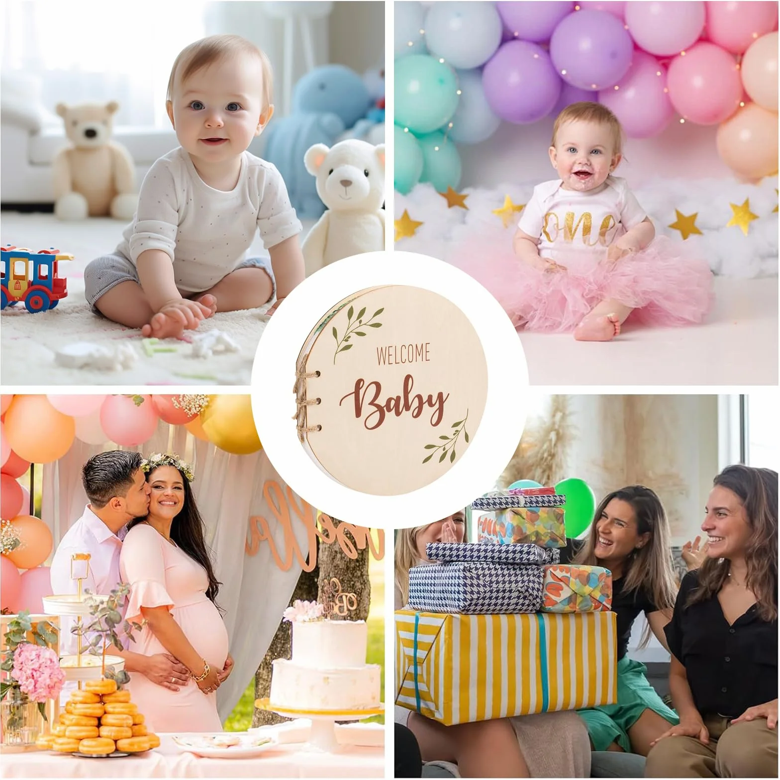 Libro Visitas Baby Shower, Libro de Invitados para Baby Shower, Libro Invitados con Tapa de Madera, Libro Firmas Bautizo, Libro Recuerdos Bebe, Redondo, con 35PCS Papel en Blanco (B)