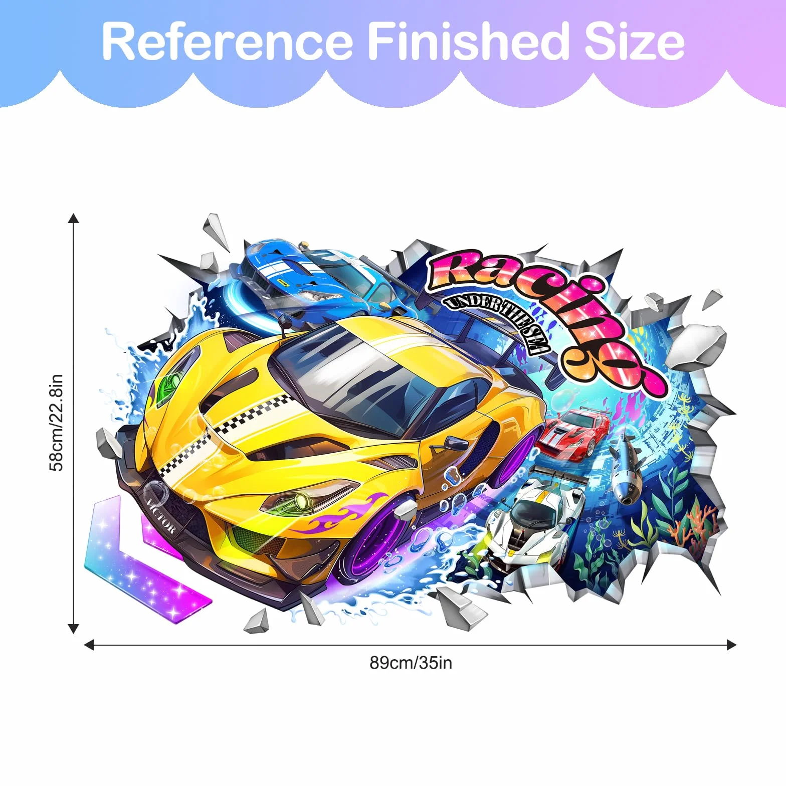 Tanlaby Pegatinas de Pared 3D Coches de Carreras Túnel Submarino Vinilos Decorativos Amarillo
