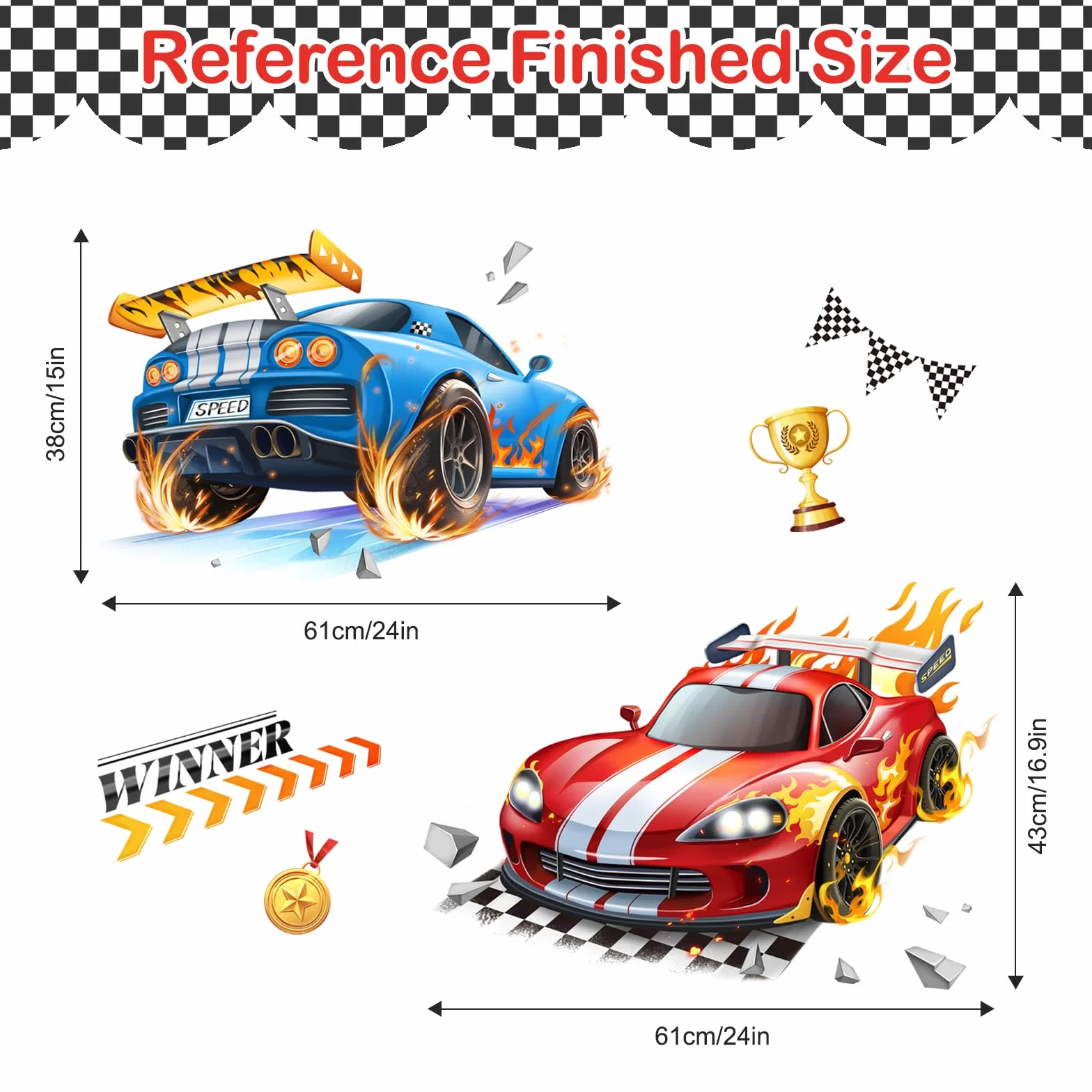 Pegatinas de Pared 3D Coches de Carreras Vinilos Decorativos Rojo Azul Banderas Adhesivos para Infantiles Niño Dormitorios