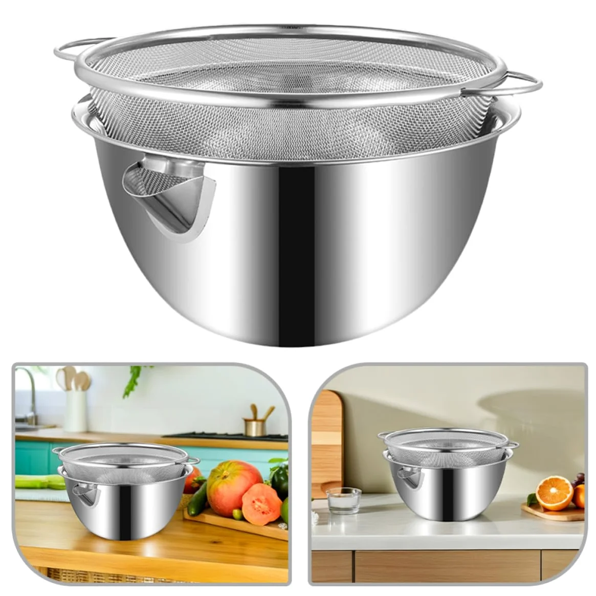 Colador de Acero Inoxidable con Función Integrada de Drenaje, Tazón Grande para Mezclar y Lavar Arroz, Adecuado para Cocina y Repostería, 1 Set Plata