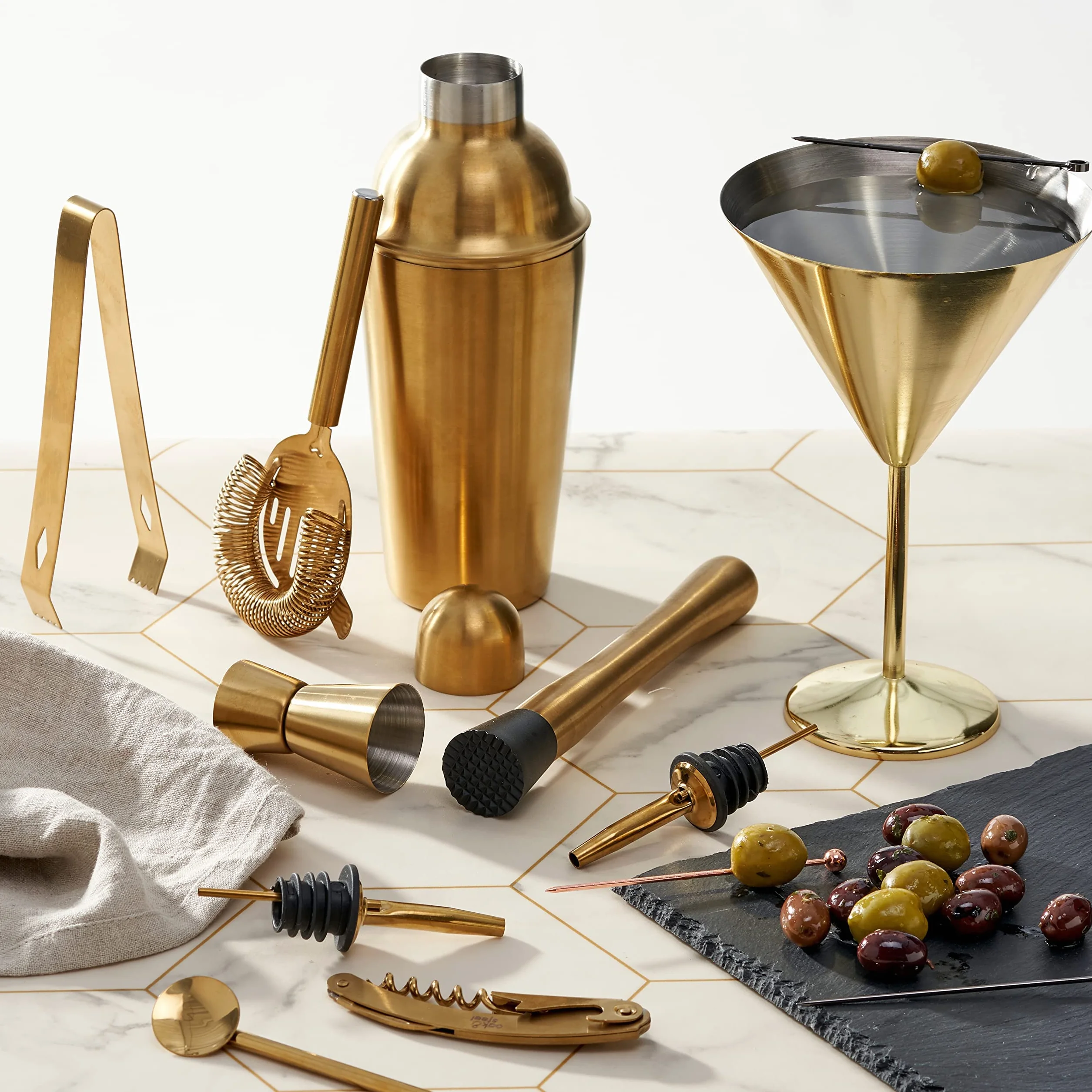 10 Piezas Kit de Coctelería Dorado - Juego Completo de Regalo Bar con Coctelera de Acero Inoxidable, Vertedor y Mezclador- Set de Regalo para Entusiastas y Cantineros Profesionales