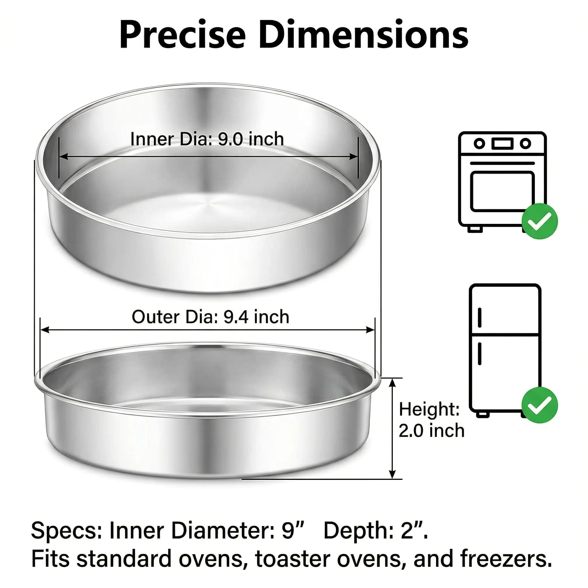 Hemoton Juego de 2 moldes redondos de acero inoxidable para hornear de 9.6 pulgadas | Moldes para horno y base plana para tarta de queso, no tóxicos y aptos para lavavajillas