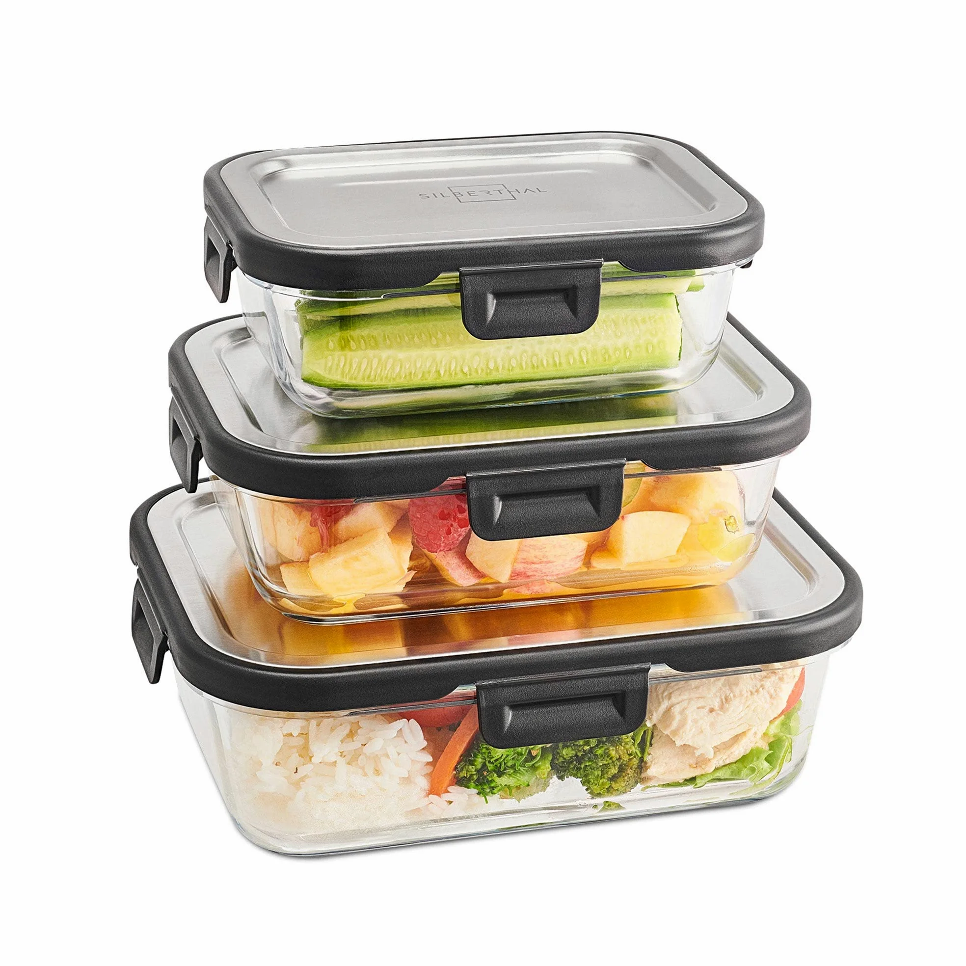 SILBERTHAL Set 3 fiambreras cristal herméticas - 370/640/1040ml microondas | Recipientes de cristal con tapa de Acero inoxidable - 370ml, 640ml y 1040ml - Vidrio DE borosilicato