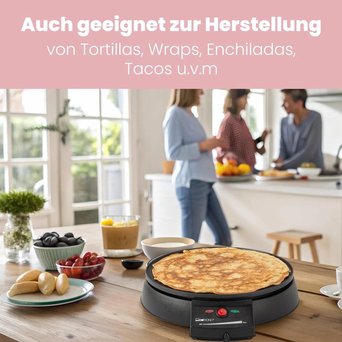 Clatronic Crepes/Wraps/Panqueque Maker con Ø 29cm, incl. Dispensador de masa y revestimiento antiadherente superficie, termostato ajustable continuo y backampel - Panqueque Maker con 900W - CM 3372