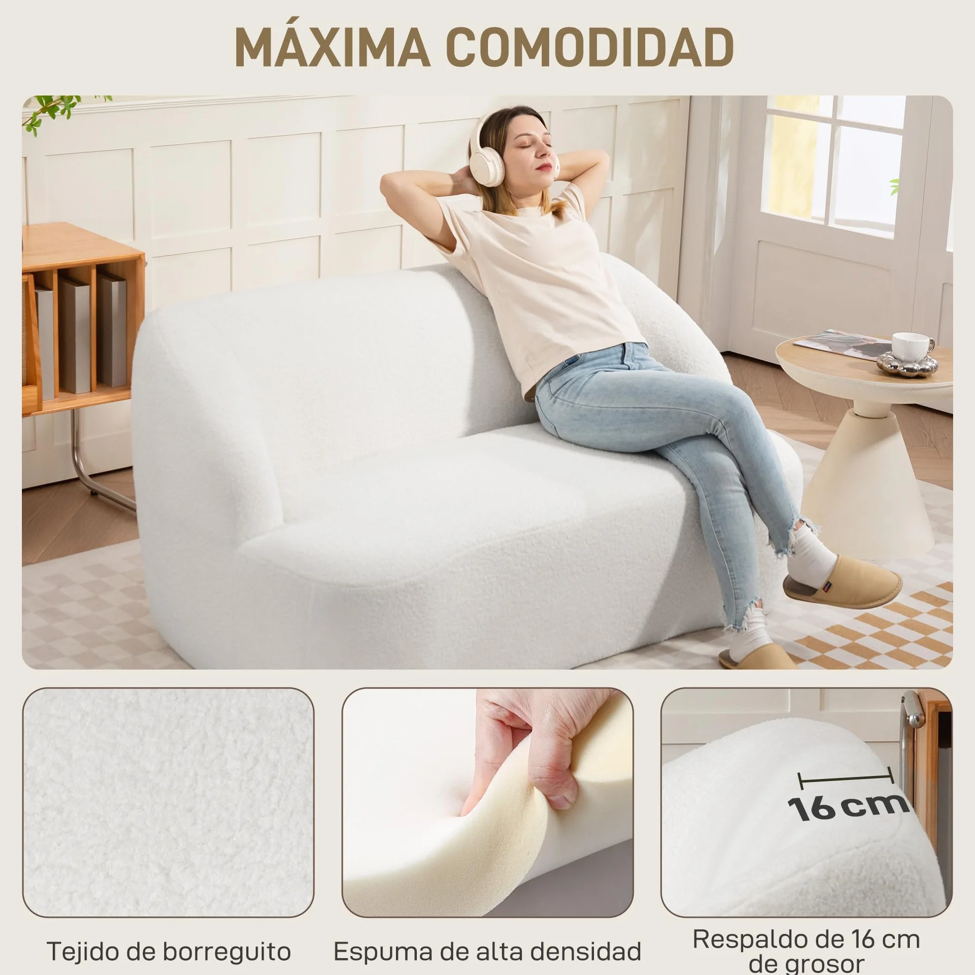HOMCOM Sofá de 2 Plazas Tapizado en Borreguito Sofá de Salón de 142 cm con Diseño Curvo Acolchado Grueso No Requiere Montaje para Dormitorio Sala de Estar Oficina Crema