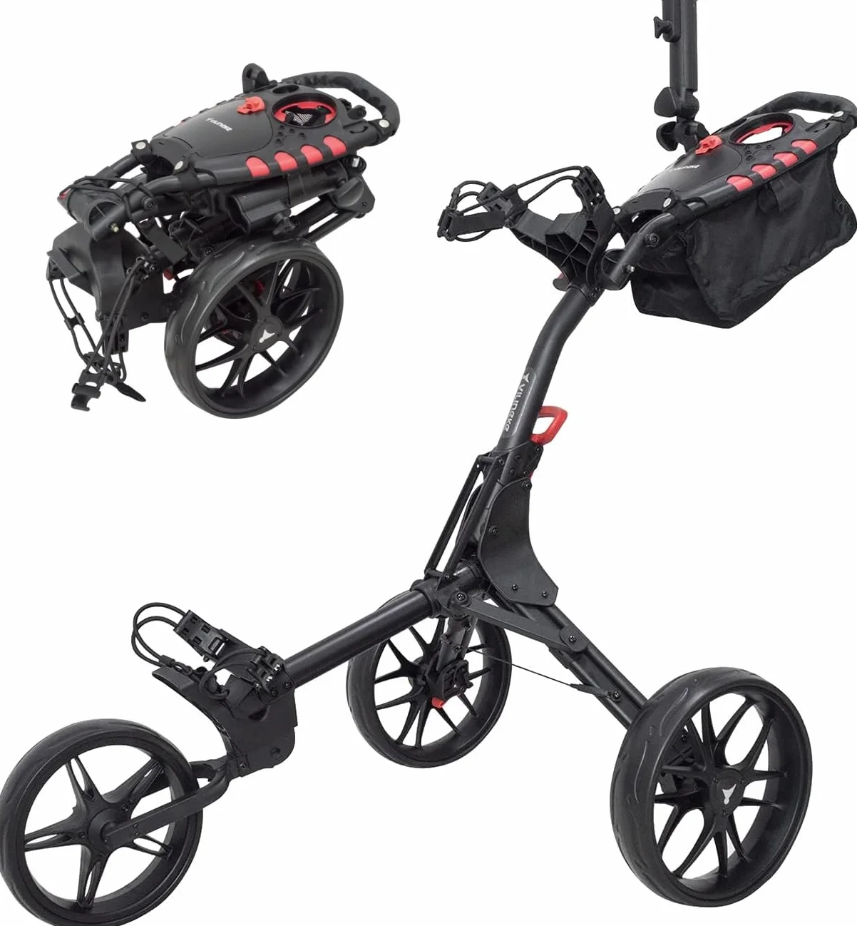 Carrito de golf Newfly 3 ruedas ultraligero plegable con freno de pie soporte para paraguas