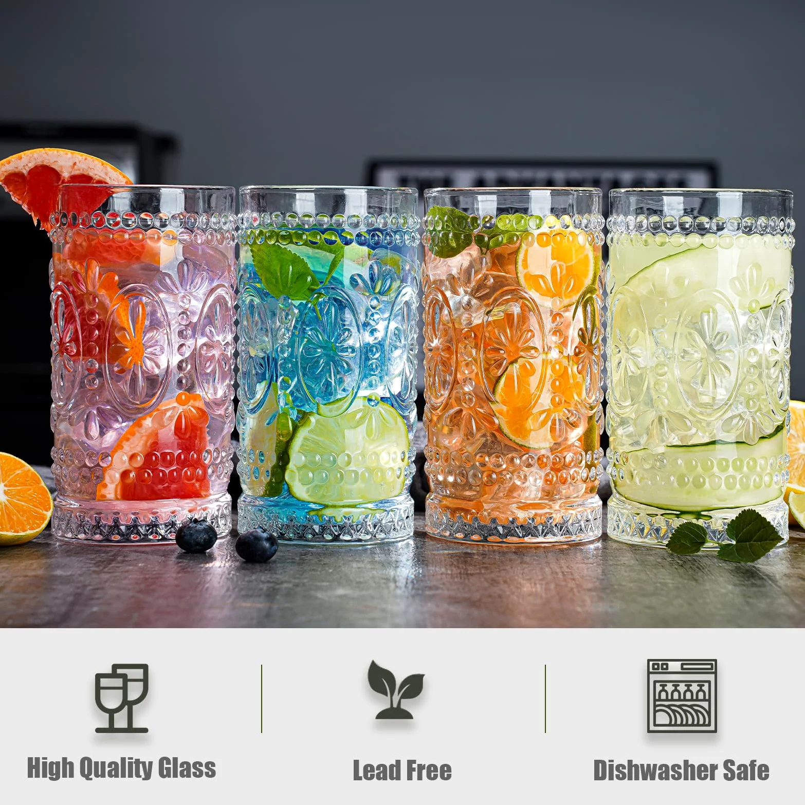 Vasos vintage para beber, 8 vasos de vidrio románticos, vasos altos de 15 onzas, vasos altos de agua, tazas de mojito, vaso de cóctel, juego de cristalería vintage para agua, jugo, cóctel