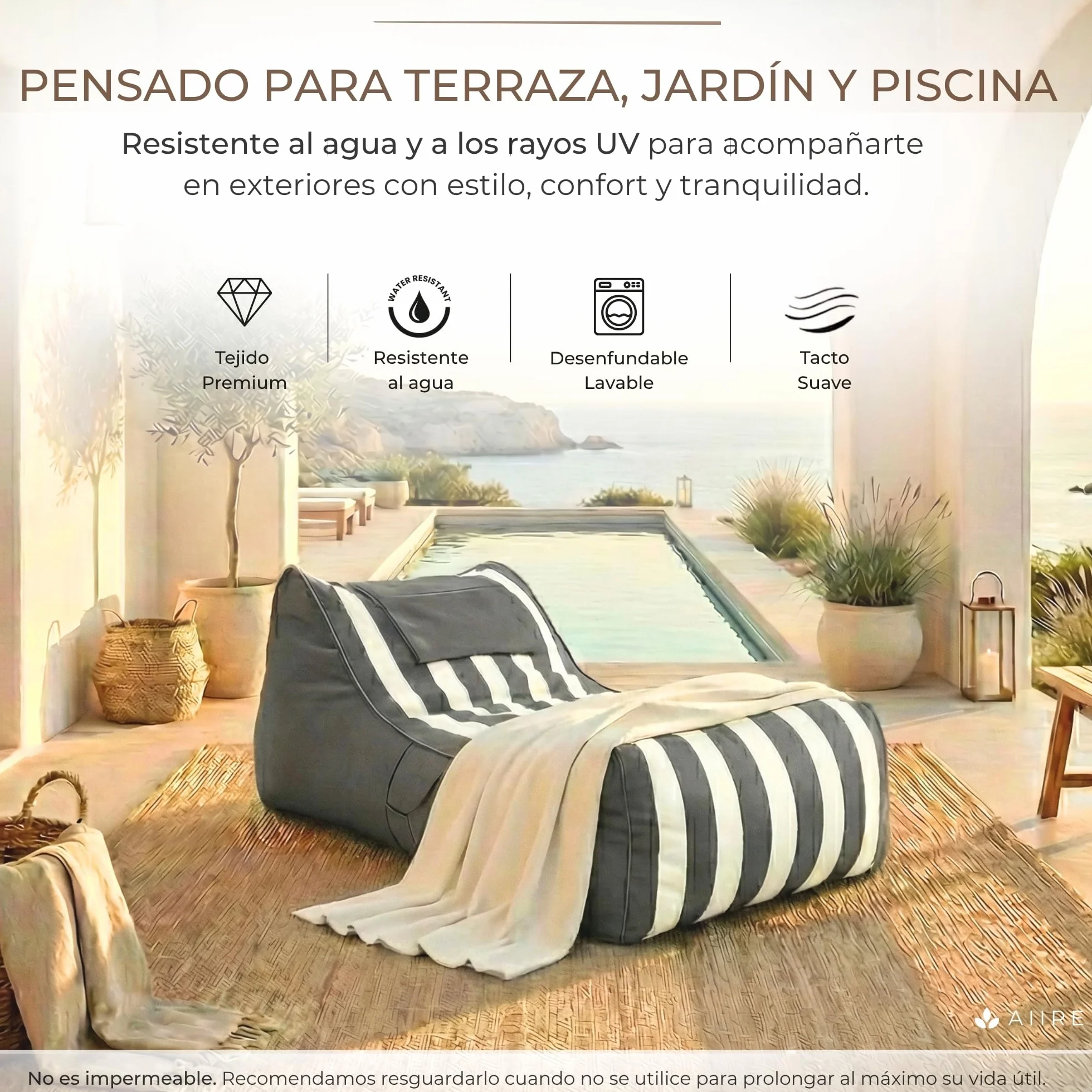 Aiire Puff Exterior Jardín con Relleno Incluido - Puf en Olefina Premium, Desenfundable y Lavable - Bean Bag Chair para Terraza, Piscina y Porche - Tumbona Lounge XXL Exterior Gris
