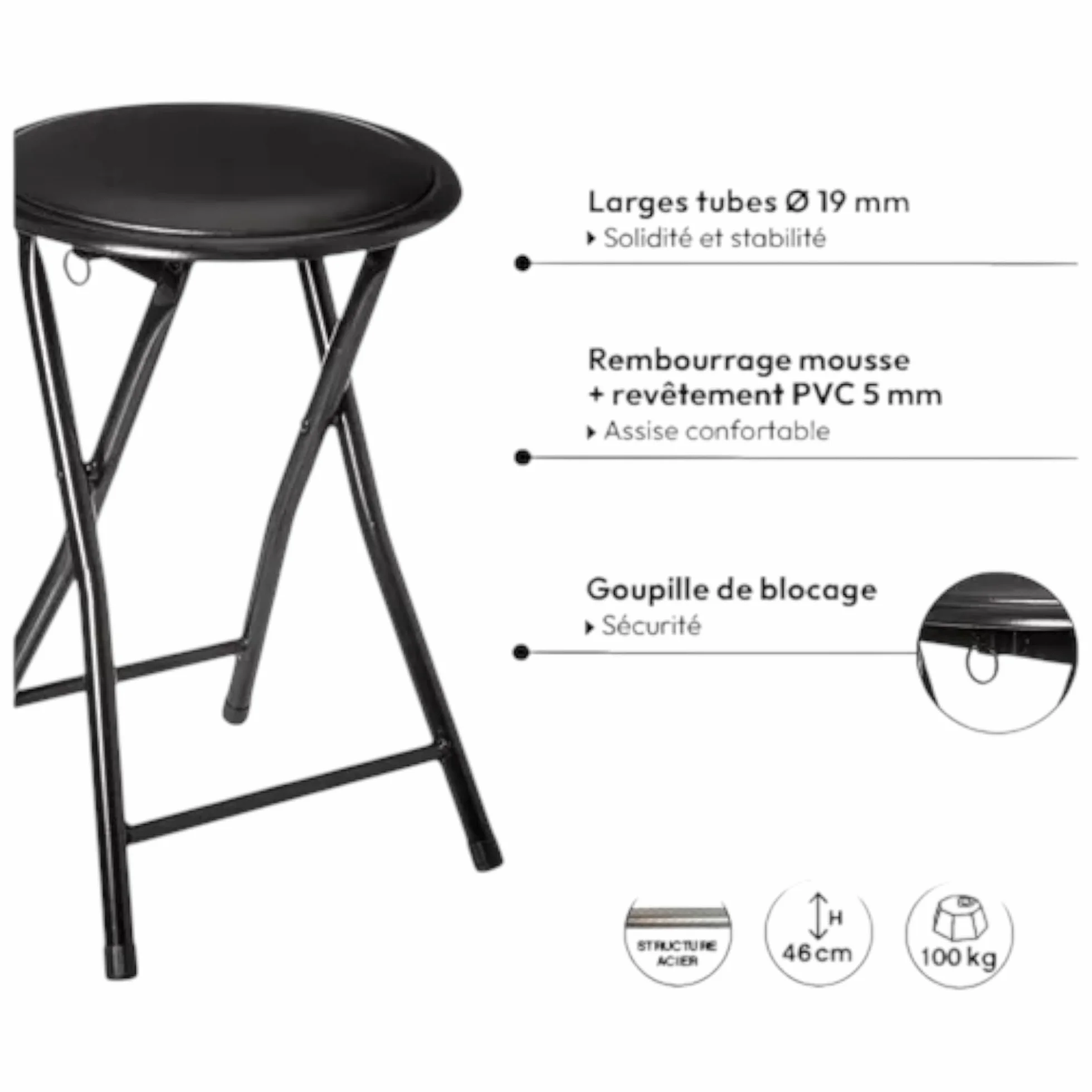 TIENDA EURASIA - Taburete Plegable Cocina | Estructura de Metal | Asiento Acolchado | Anilla de Seguridad | Medida 45x30x30cm | Peso Máx 100Kg (Negro)
