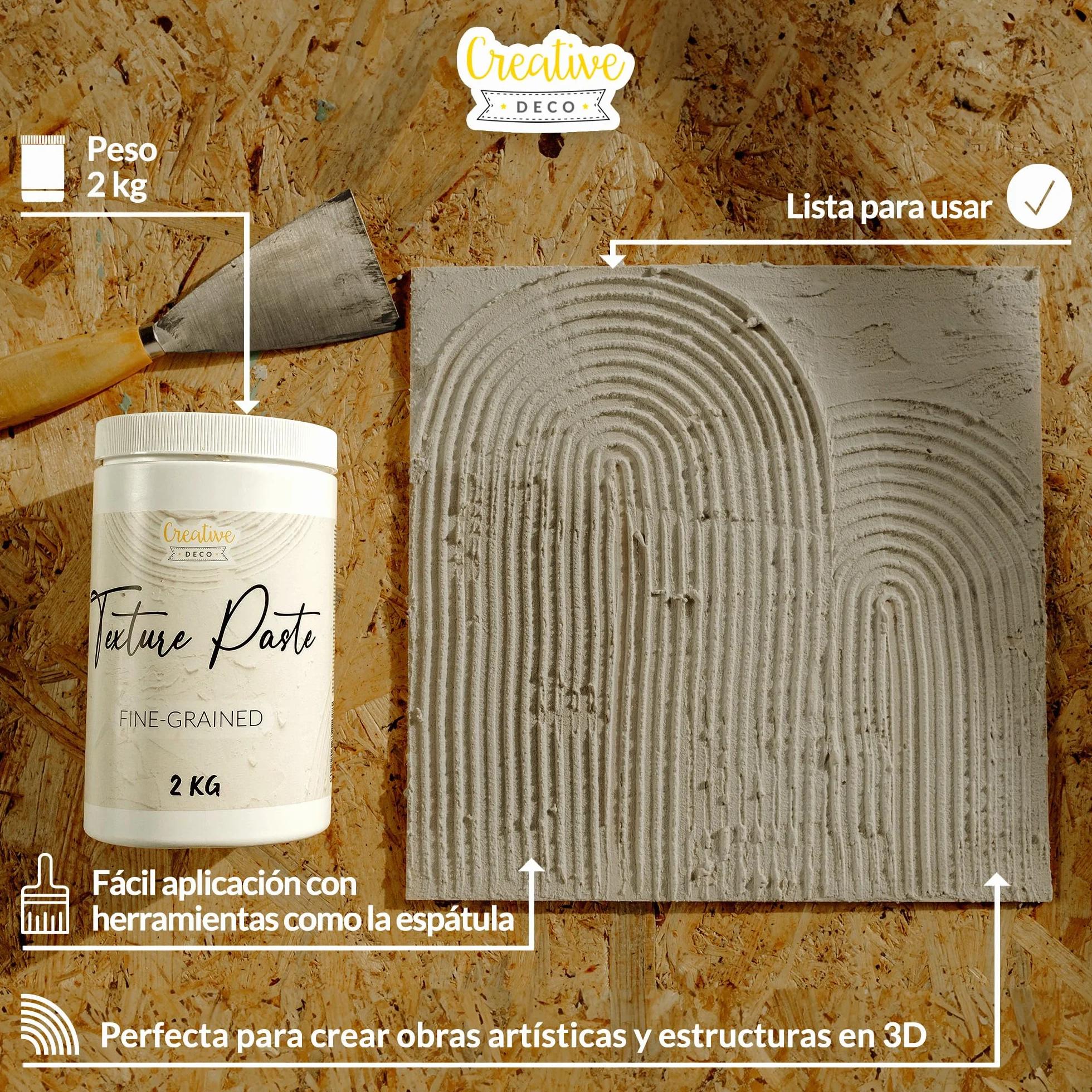 Creative Deco Pasta Estructural de Grano Fino 2 kg | Pasta Blanca para Proyectos Artísticos para Pintura Acrílica | Fácil de Usar con Espátula para Crear Efectos 3D, Estructuras, Texturas