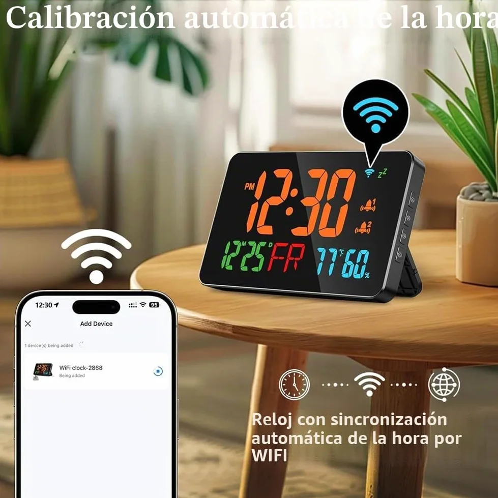 Reloj Despertador Digital con WiFi, Letras Extra Grandes, Temperatura y Humedad, Calendario, Semana, B