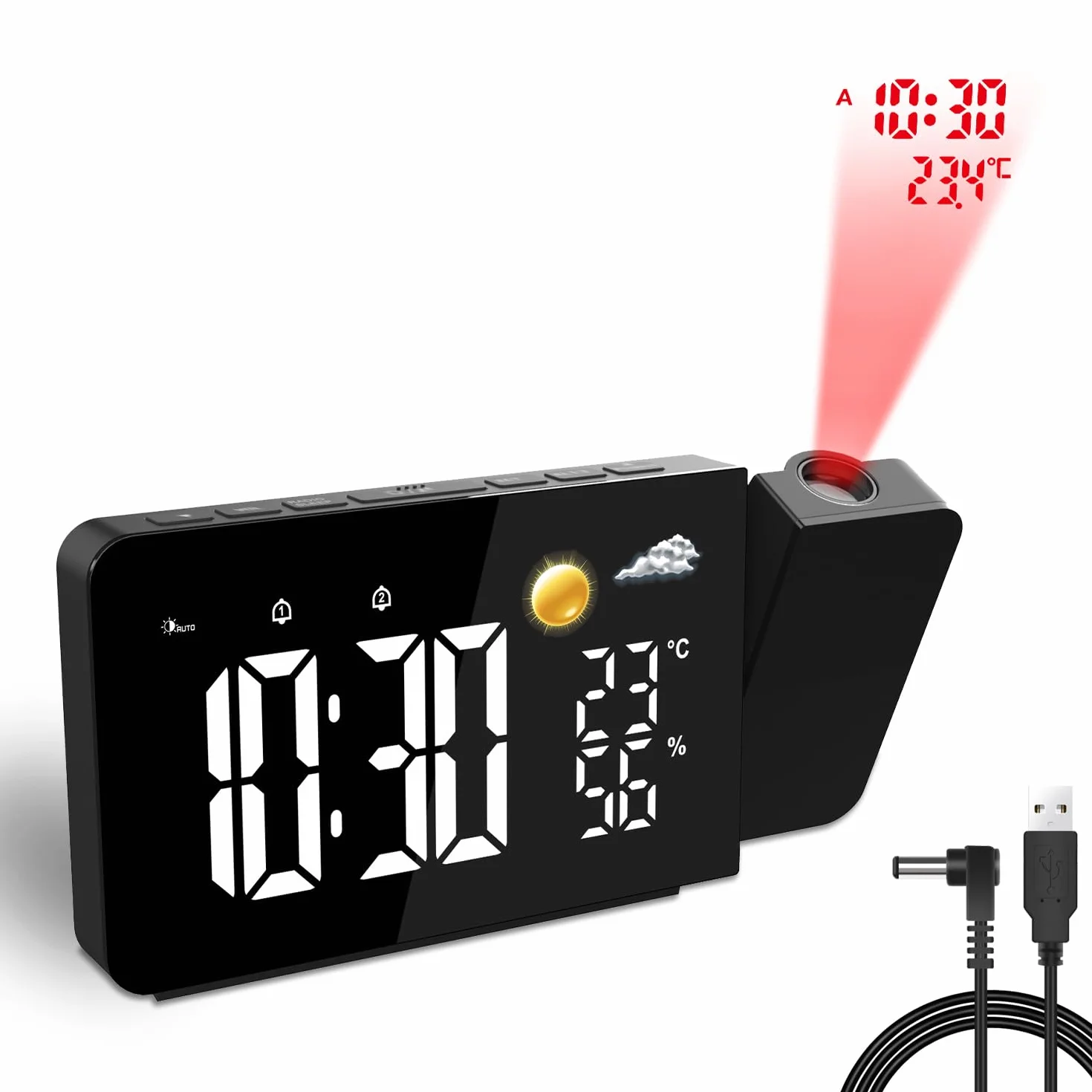 Uzoli EM3211A Despertador con proyector techo y pantalla LED, Previsión del tiempo 8h, Temperatura, Humedad, 2 Alarmas, Función de snooze, Proyección de 180°, 10 Tonos, Reloj ideal para casa u oficina