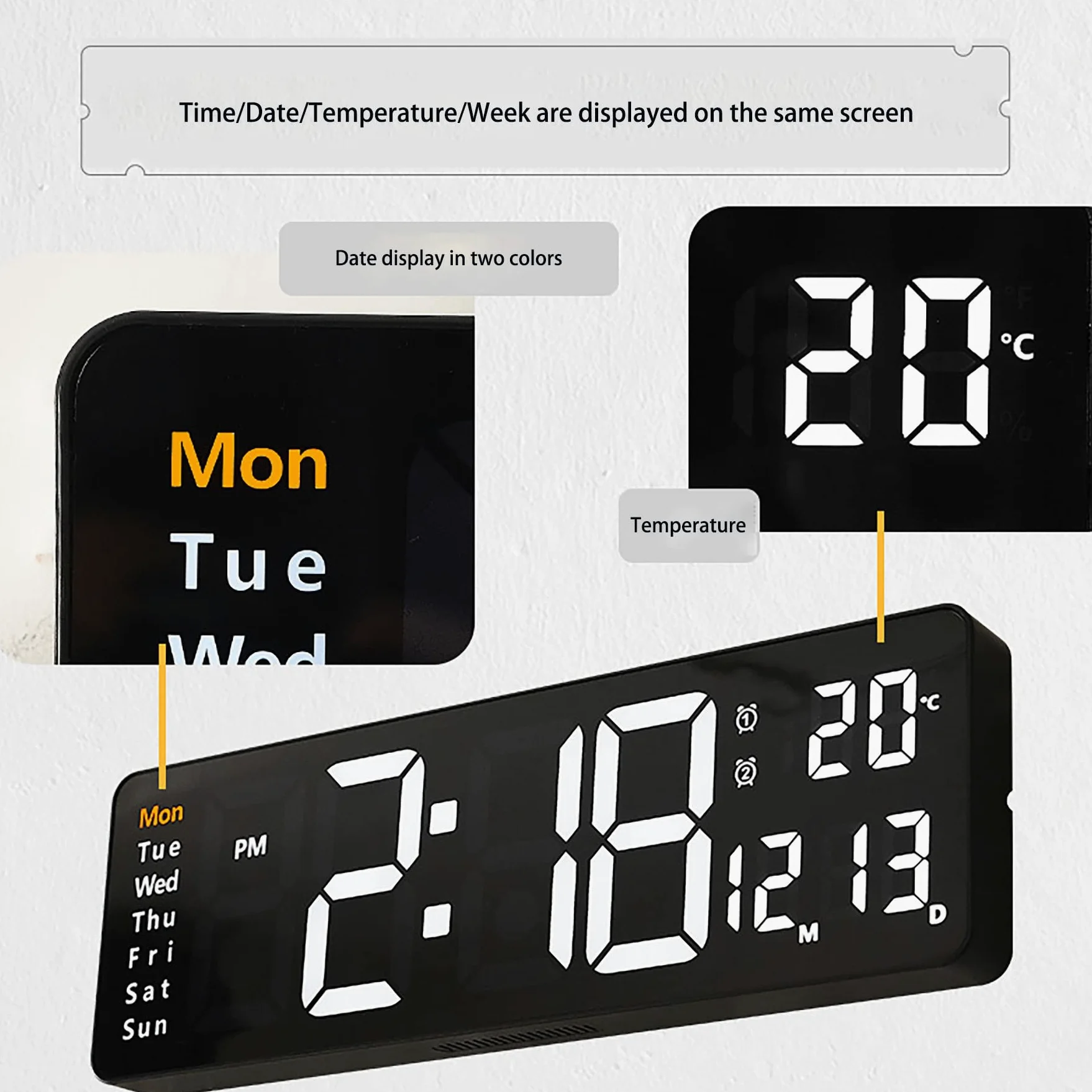 LED Reloj de Pared Digital, Reloj con Control Remoto, 10 Niveles de Ajuste de Brillo, Reloj Despertador con día/Fecha/Temperatura para el hogar Aula,White Shell,Blue Light