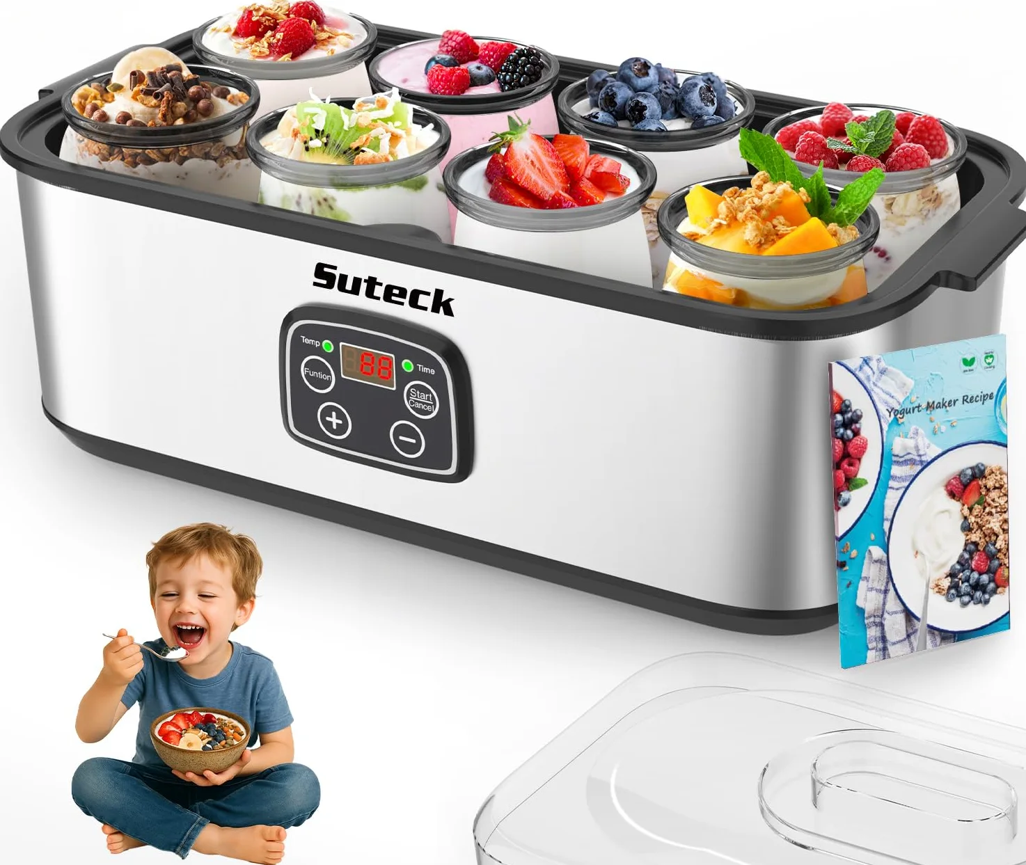 Suteck Máquina de yogur de acero inoxidable con control de tiempo y temperatura ajustable, apagado automático y temperamento constante para yogur griego, probiótico, sin BPA, 8 botellas