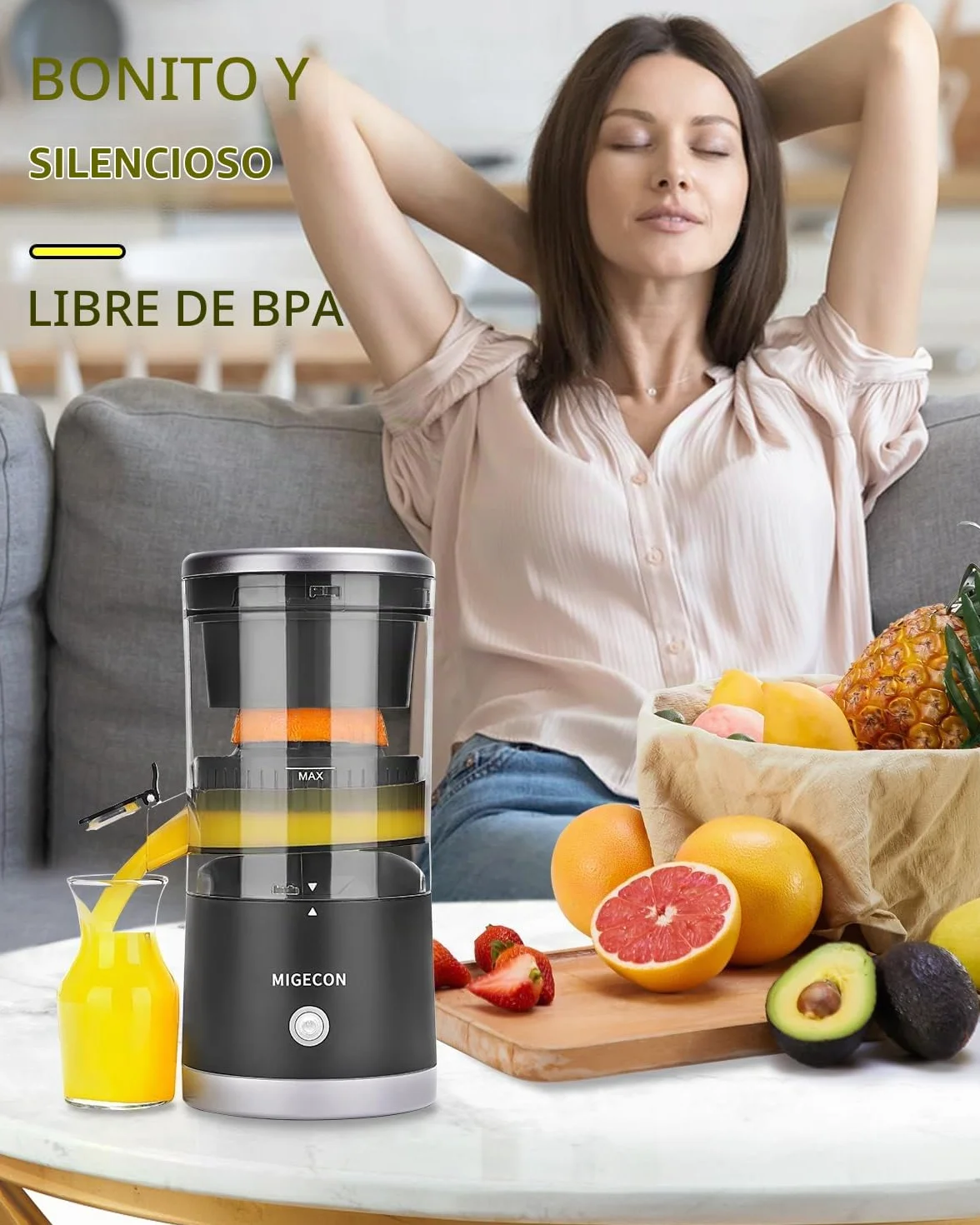 MIGECON Exprimidor Eléctrico de Naranjas, Batería portátil, Diseño a Drueba de Goteras, Adecuado para Frutas Cítricas, con USB y Cepillo de Limpieza, Desmontable, 45W, Negro