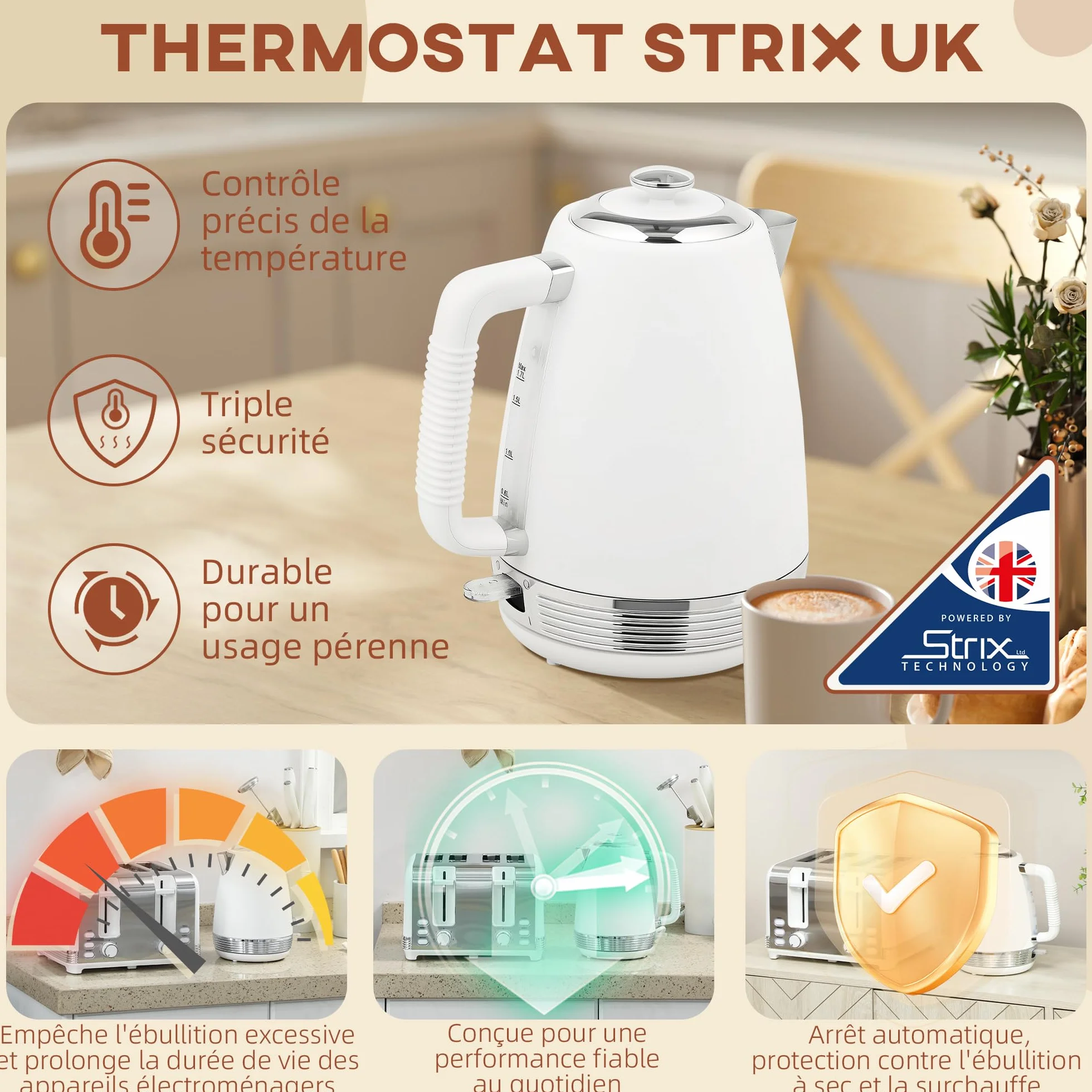 HOMCOM - Juego de hervidor y tostadora (acero inoxidable, 2200 W, 1,7 L, tostadora 4 rebanadas, 7 niveles de bruñido, calentamiento rápido, termostato Strix, filtro antical y bandeja para migajas