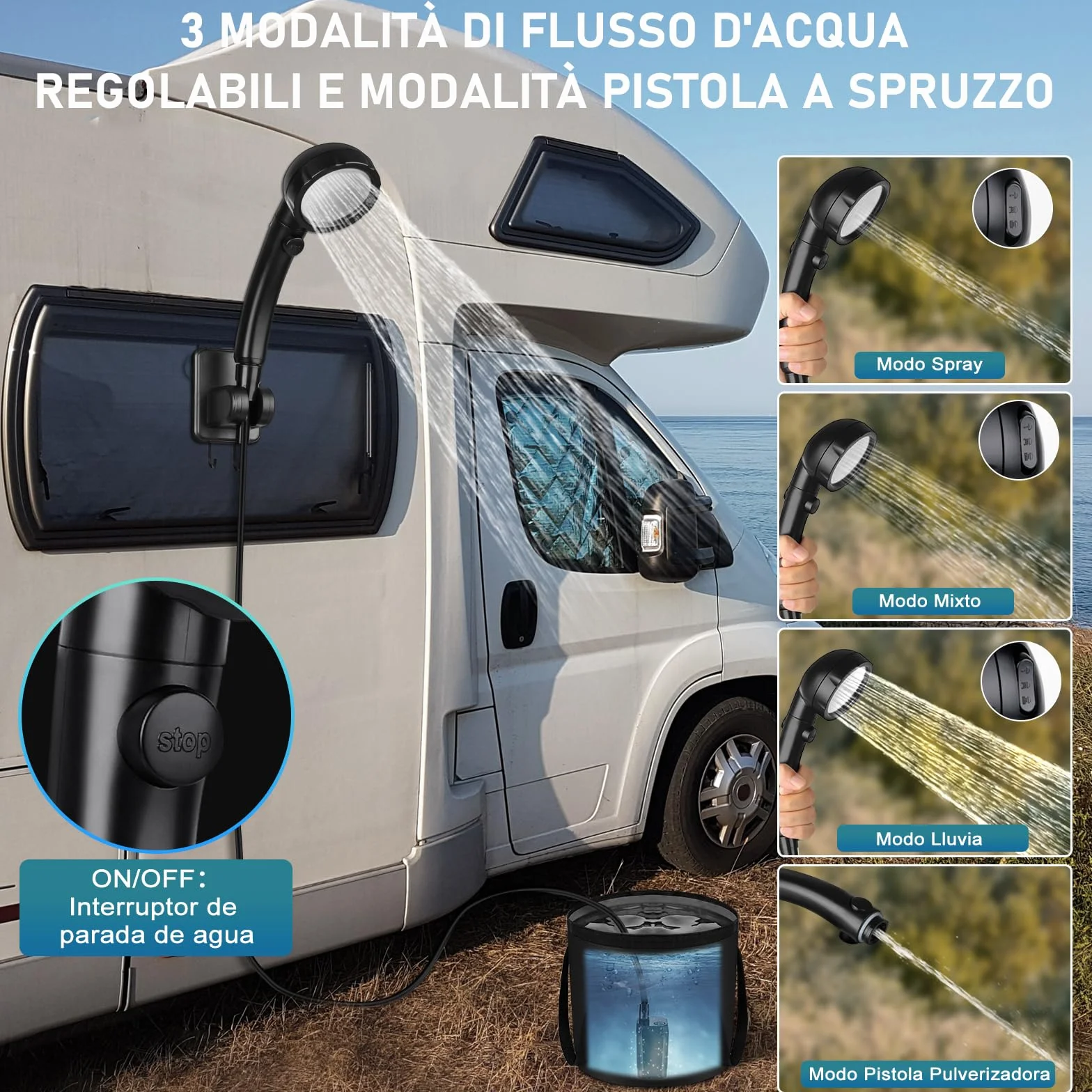 Ducha Portátil Camping 6000mAh Recargable con Cubo Plegable 20L, Eléctrica para Acampar