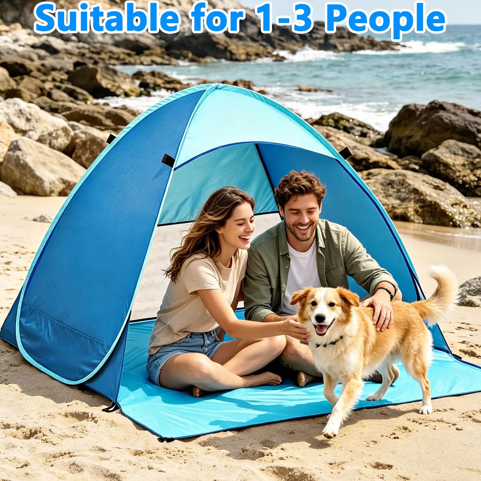 Carpa Playa Pop Up UV 50+ Protección Viento 1-3 Personas Bolsas Almacenamiento Clavos Suelo Azul