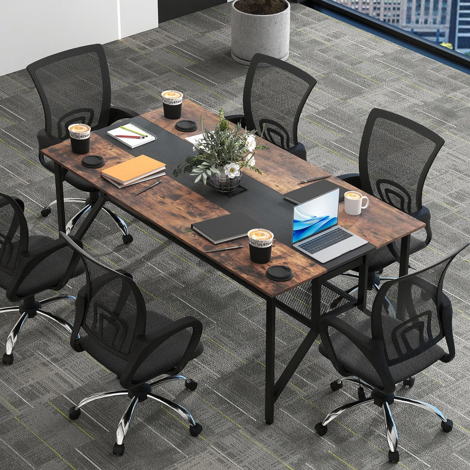 COSTWAY Mesa Rectangular para Reuniones 6-8 Personas, Mesa de Conferencias con Estante de Malla y Pasacables, Escritorio Industrial con Estructura Metálica, Oficina Sala, 180 x 96 x 76 cm