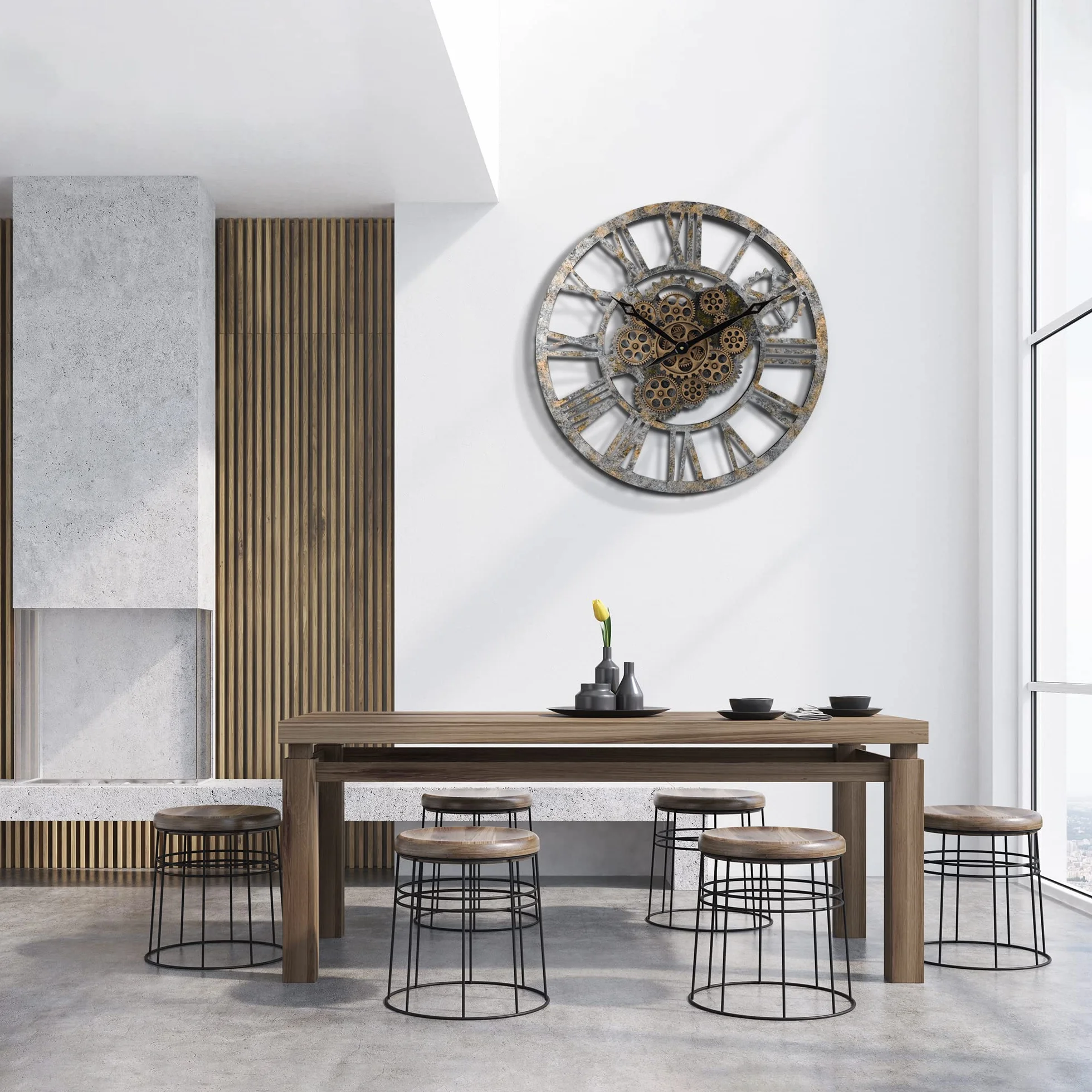 Lafocuse Reloj de Pared Grande Salon Engranajes Giratorios, Vintage Madera Marrón 57 cm Industrial Steampunk, Rustico Números Romanos Retro para Bar Cafetería Cocina
