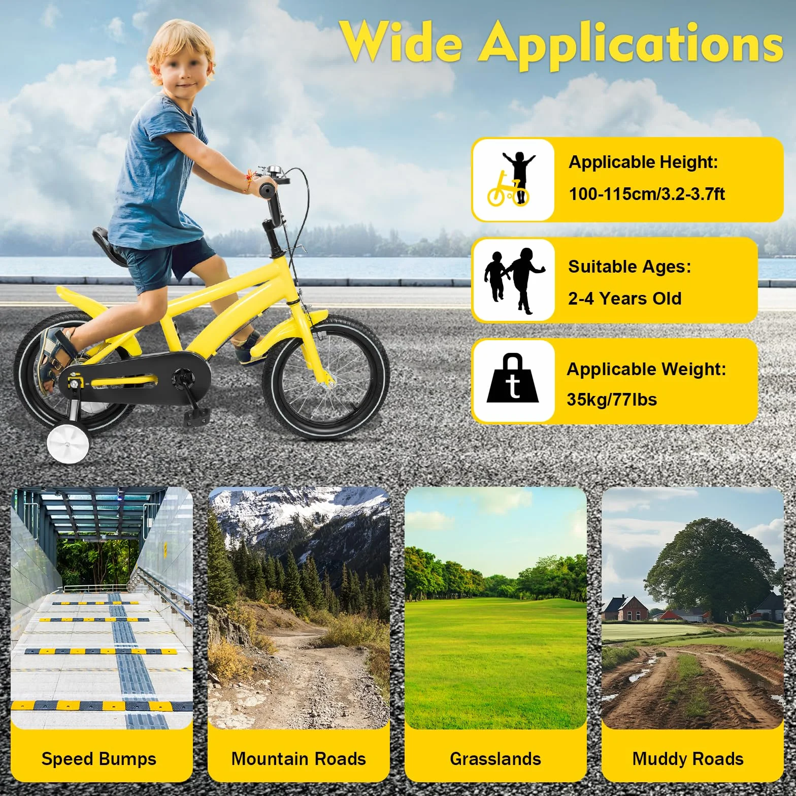 Bicicleta infantil 14 pulgadas con ruedas estabilizadoras para niños 3-6 años 56-67 cm altura