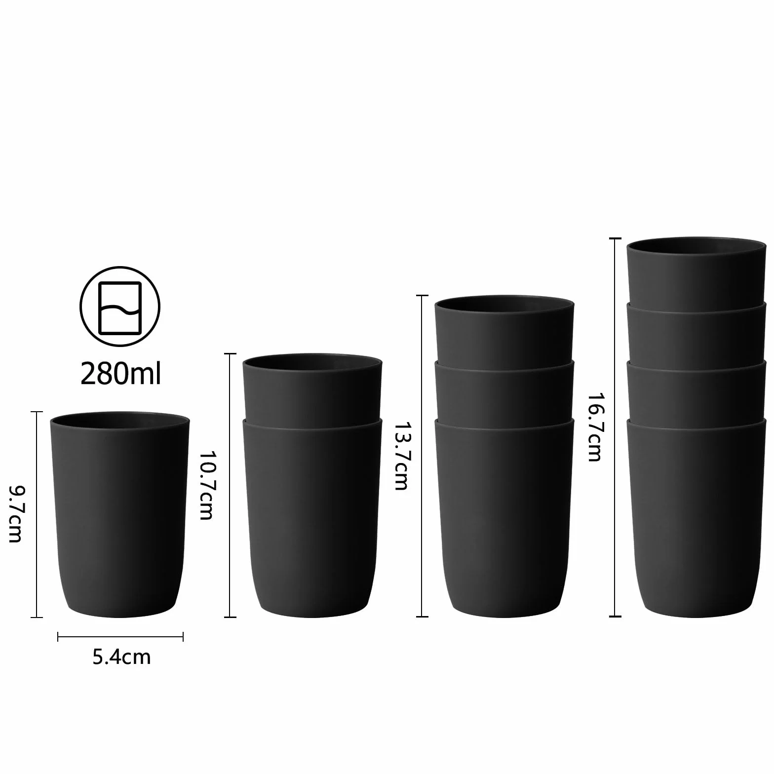 Topsky Set de 4 vasos para cepillos de dientes, Vasos de plástico, Para adultos, adolescentes y niños (280 ml, negro)