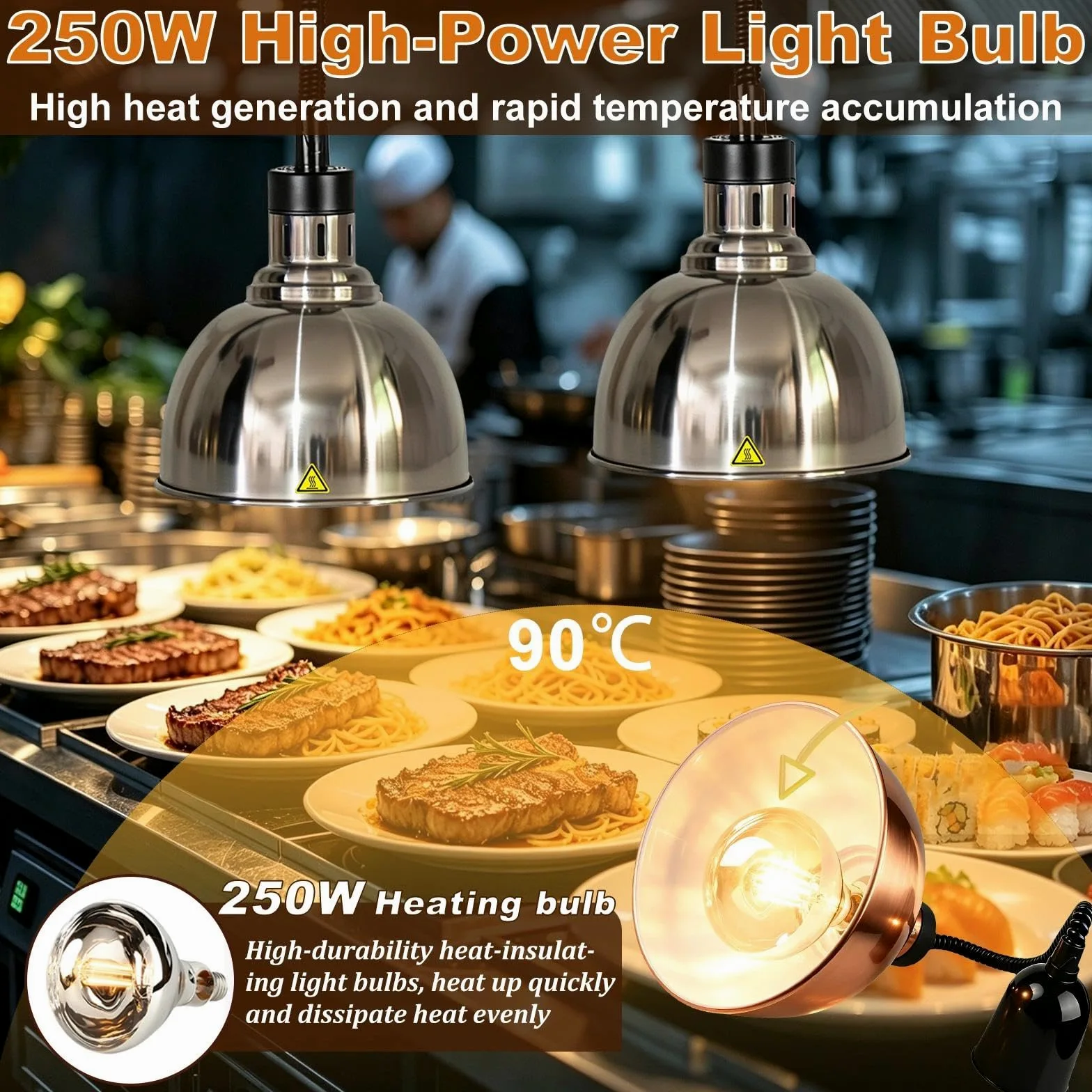 Lampara de Calor Cocina, Altura Regulable 60-180cm (B-25cm, 2 Piezas) | Lampara de Calor para Alimentos, Lampara Calentador Comida para Cocina Buffet Hostelería, 250W 220V