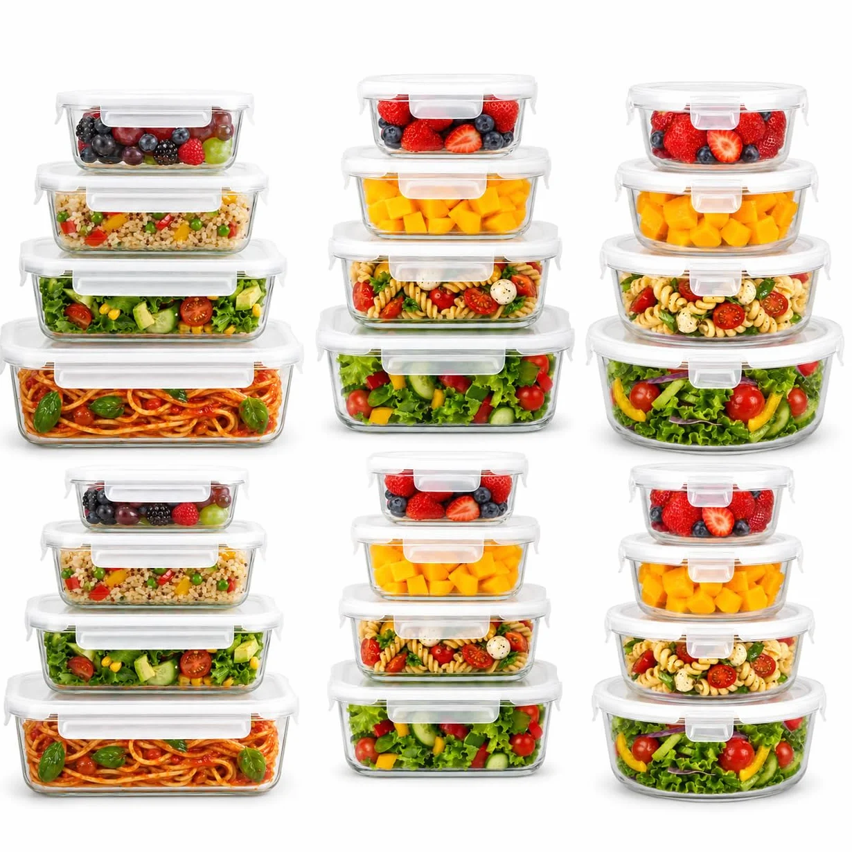 24 Tuppers de Vidrio Herméticos, 3 Formas, sin BPA, Meal Prep | 8 Recipientes para Alimentos Rectangulares + 8 Cuadrados + 8 Redondos, Apto para Microondas*, Lavavajillas y Congelador