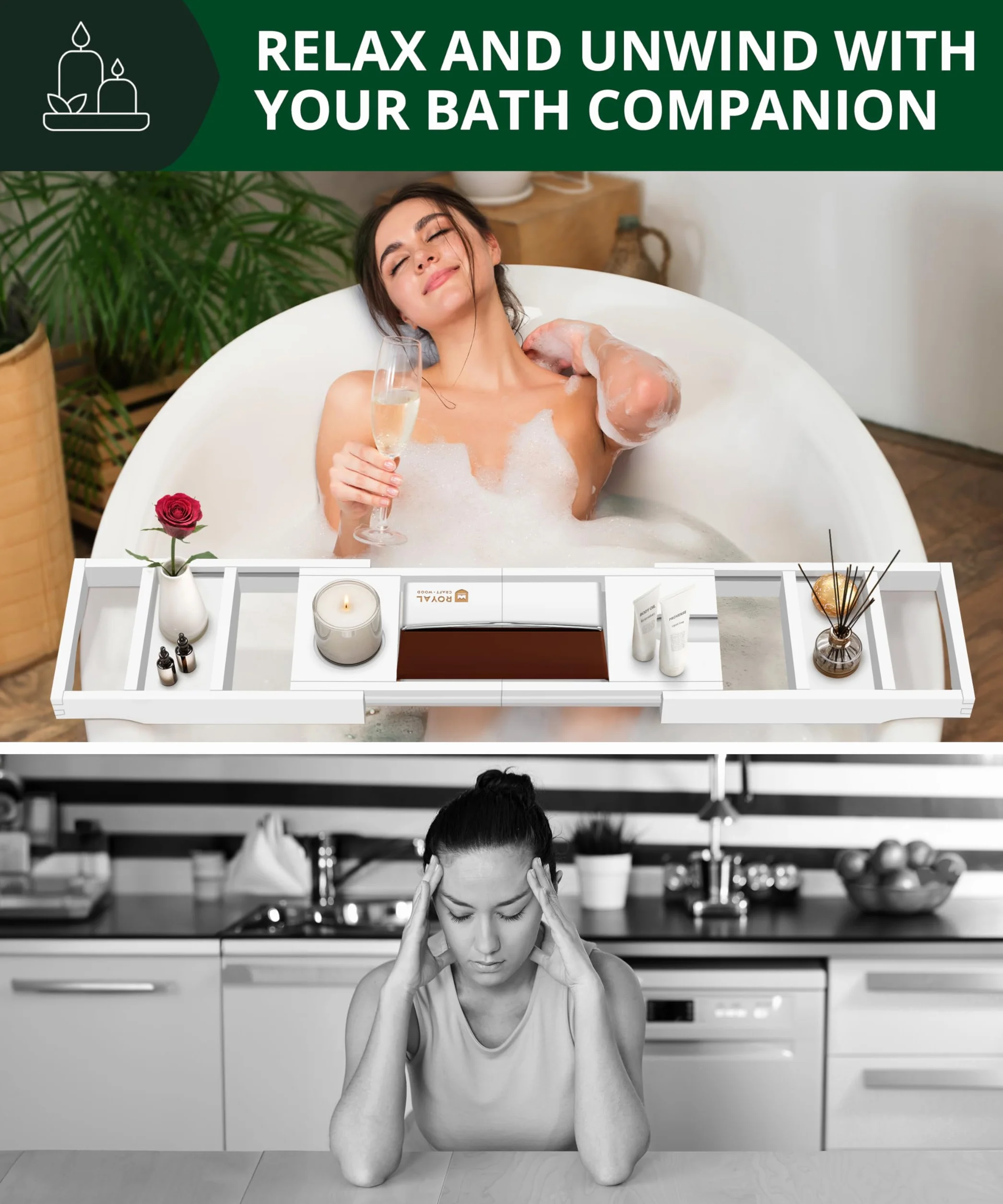 Royal Craft Wood Bandeja de Lujo para bañera, Bandeja de baño y Cama para 1 o 2 Personas, Bandeja de Mesa de bañera con Lados Extensibles, Bandeja organizadora Ajustable para baño, jabonera Gratis