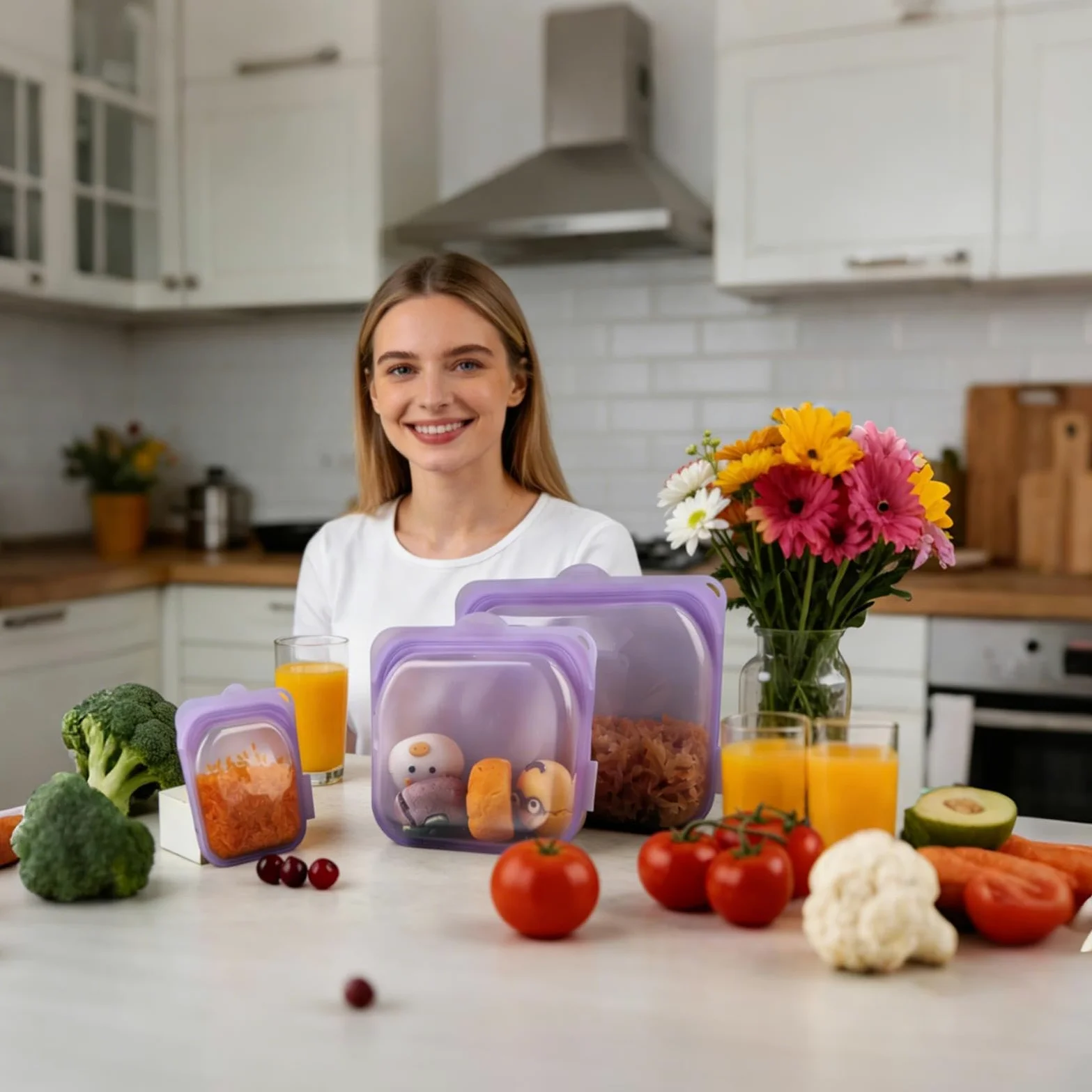 Bolsas Reutilizables para Snacks 3 Recipientes de Silicona para Almuerzo | Aptas para Microondas para Preparación de Comidas, Almuerzo, Viaje, , Carne, Queso, Verduras, Fruta