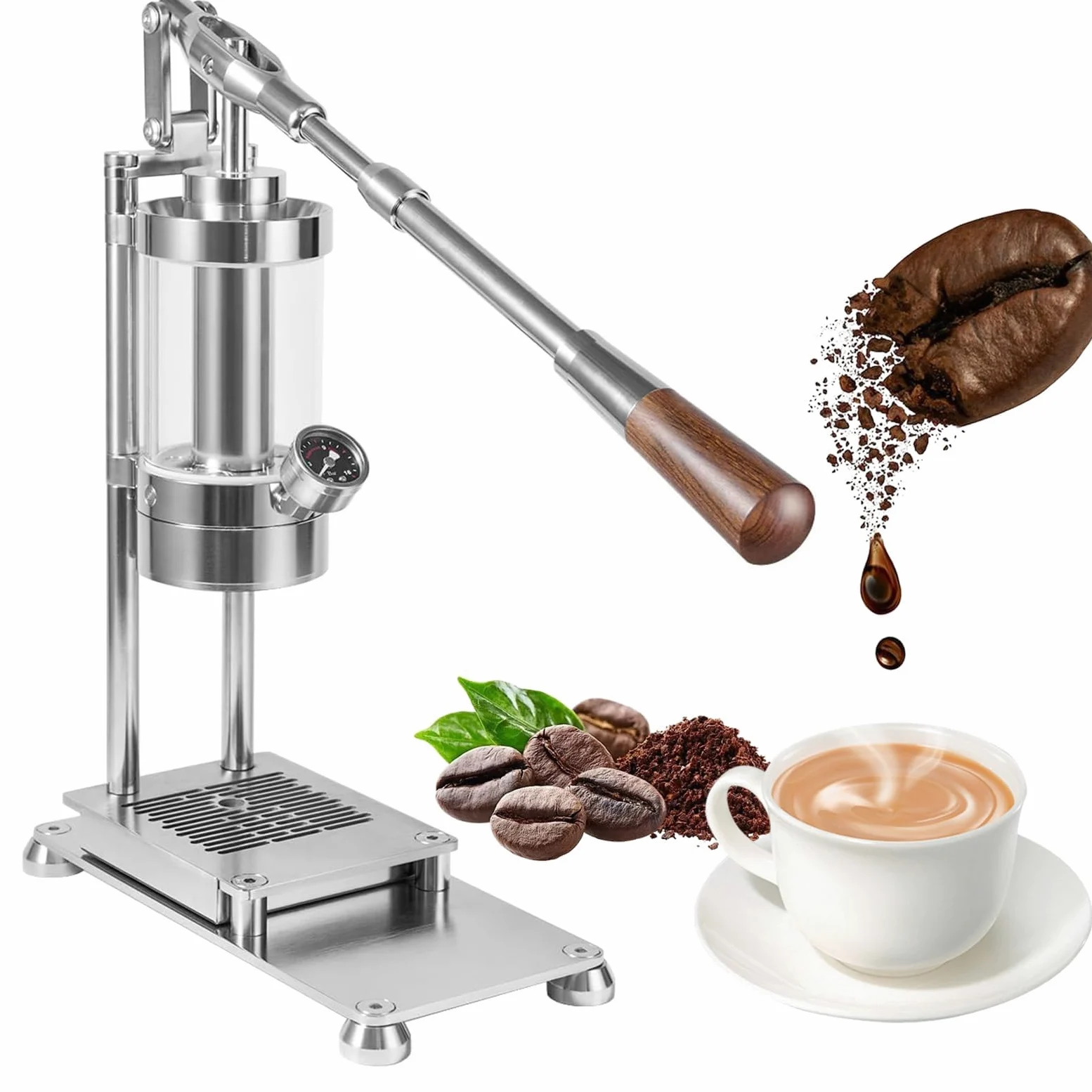 Cafetera portátil de palanca manual de acero inoxidable prensado a mano con presión de 1 a 16 bar, mango de madera maciza, portafiltro de 58 mm para capuchino, café con leche y macchiato