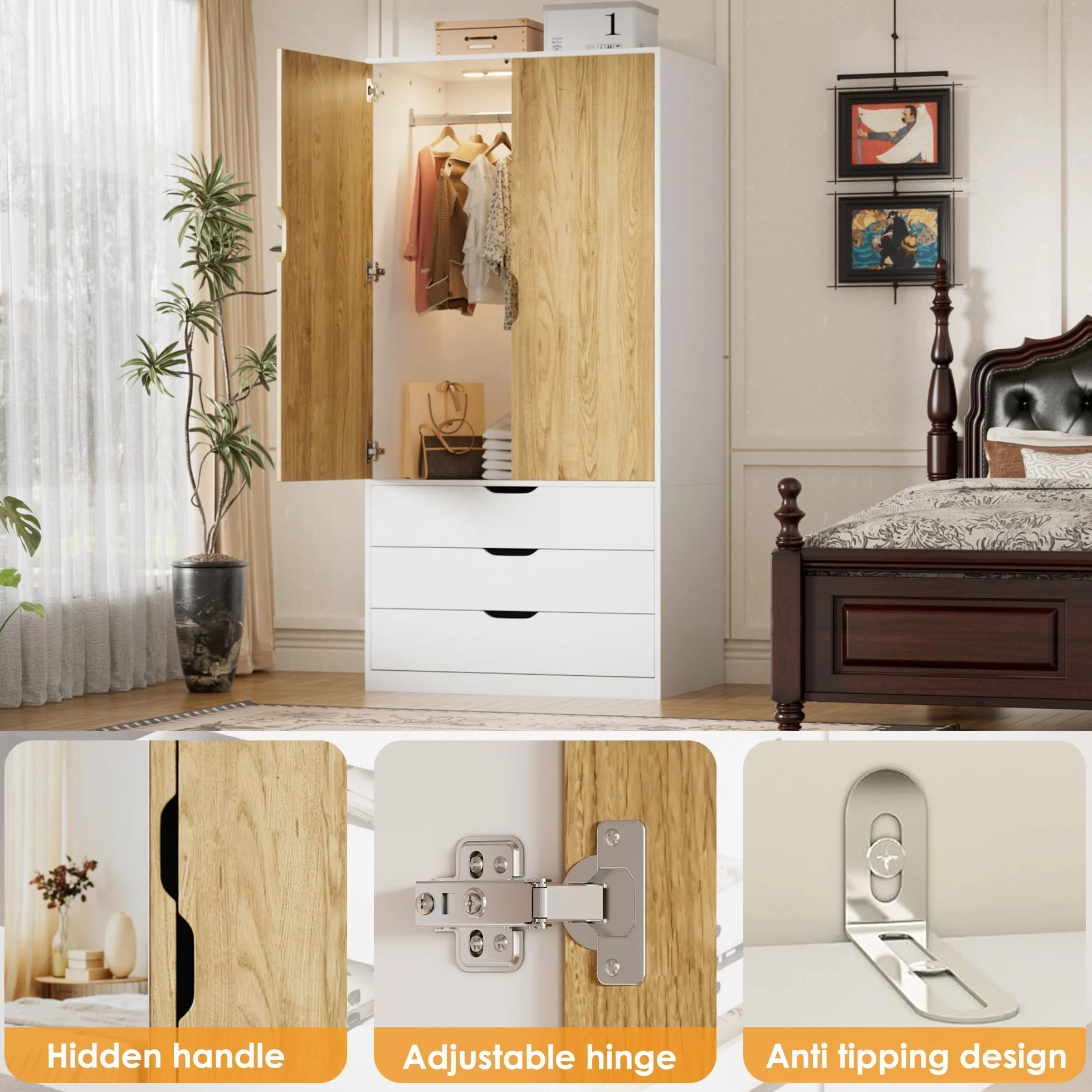 MSFE Armarios Dormitorio 2 Puertas y 3 Cajones, Moderno Armario Ropero con Espejo y Luces LED para Dormitorio, Habitación Infantil, Pasillo, 80x50x180 cm, Blanco