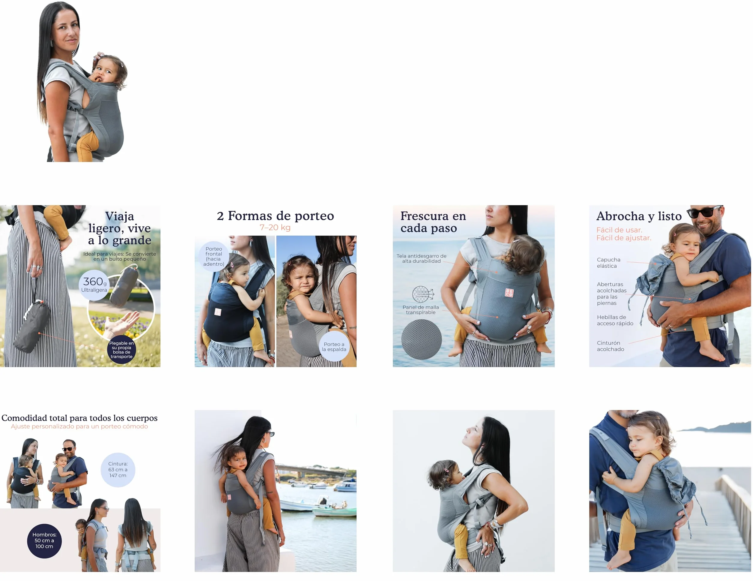 Beco Fly Ultralite Mochila Portabebés Compacta Plegable Ligera Porteo Frontal y Espalda Ergonómica M 7-20 kg Gris