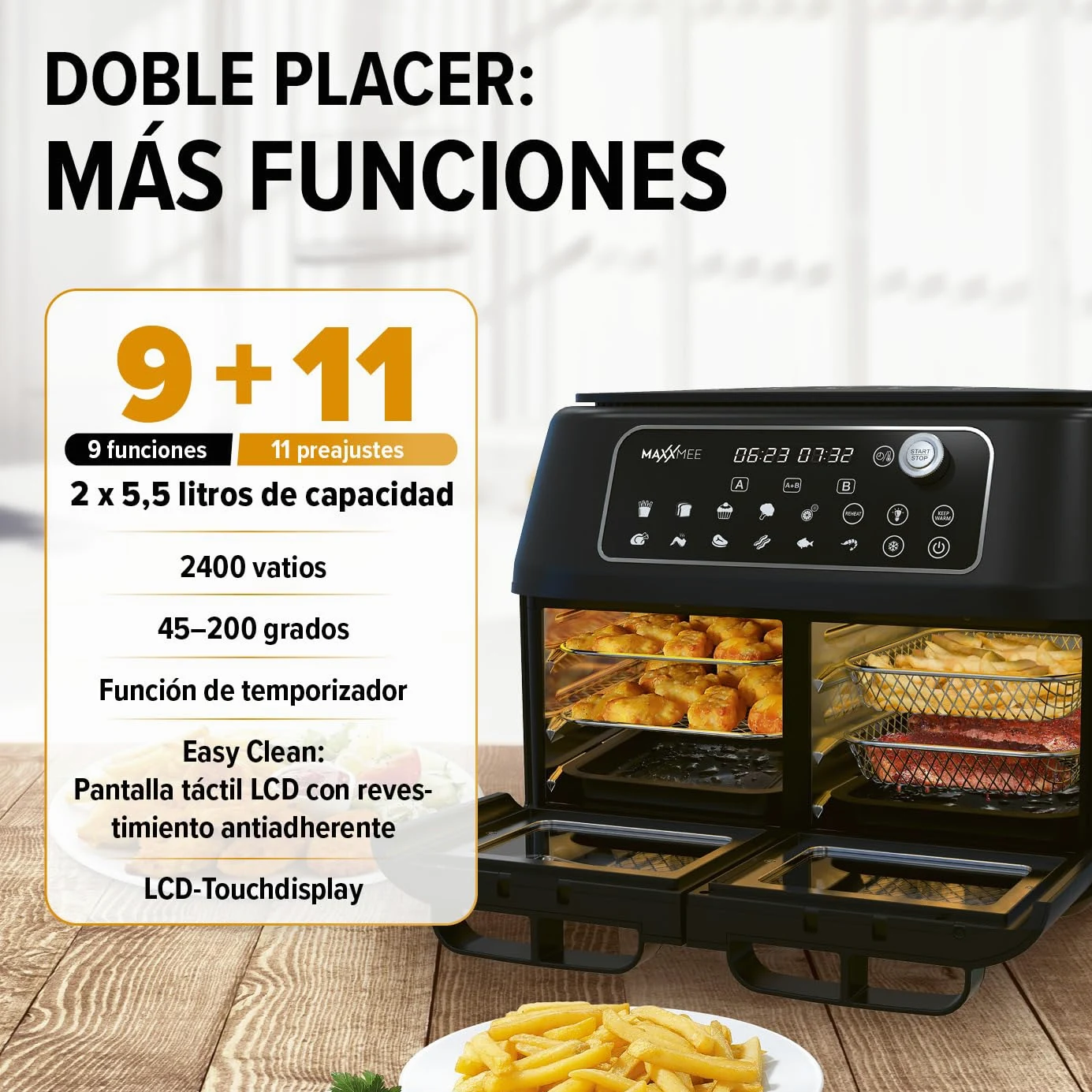 MAXXMEE Freidora de aire caliente de doble cámara 11 l | Combinación inteligente de horno de aire caliente, parrilla y freidora con 2 compartimentos XXL de 5,5 litros cada uno | Panel de control