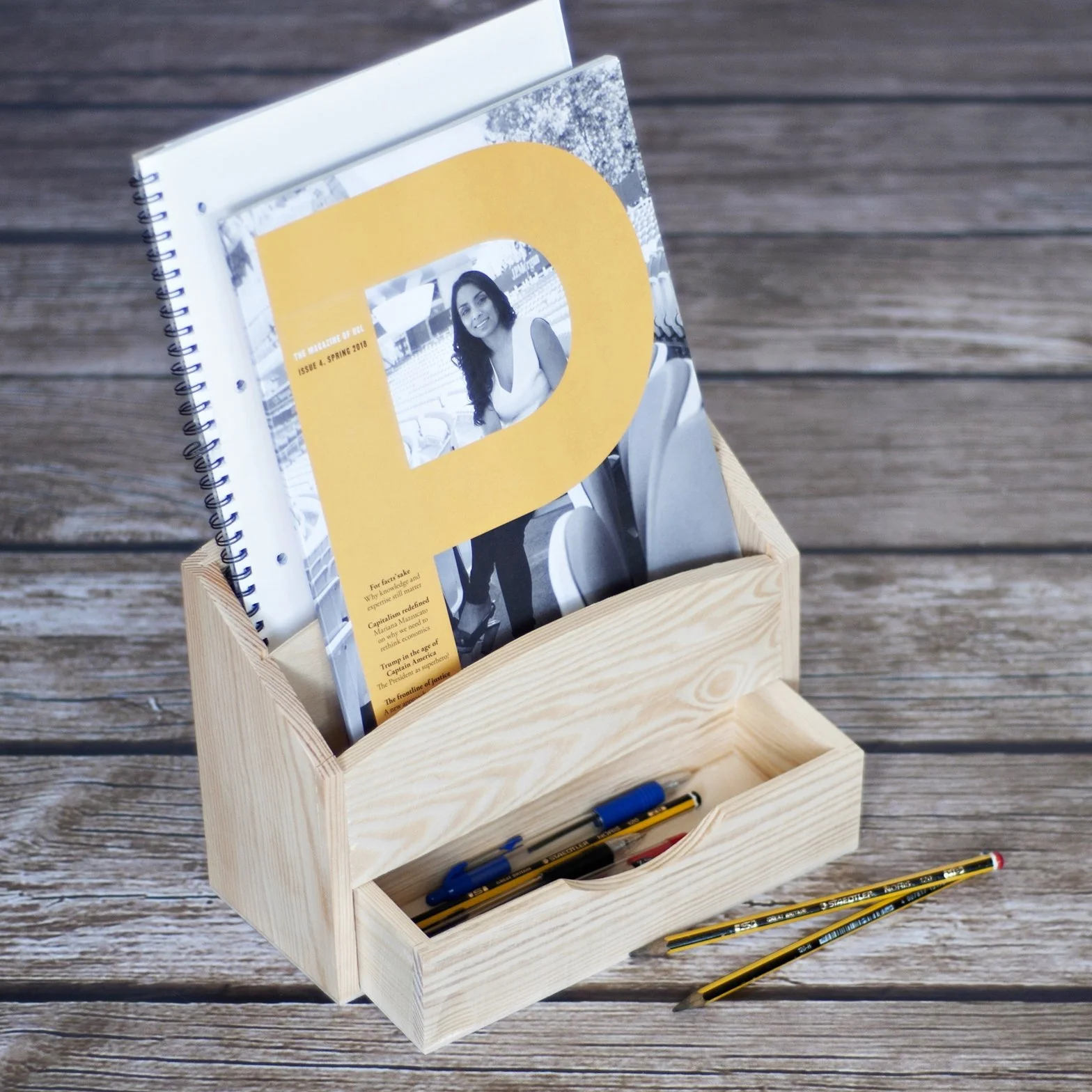Creative Deco Organizador Escritorio Madera | 2 Compartimentos y Cajón | 25 x 10 x 20,5 cm | Clasificador Documentos Cartas Papeles | Perfecto para Decoupage y Decoración
