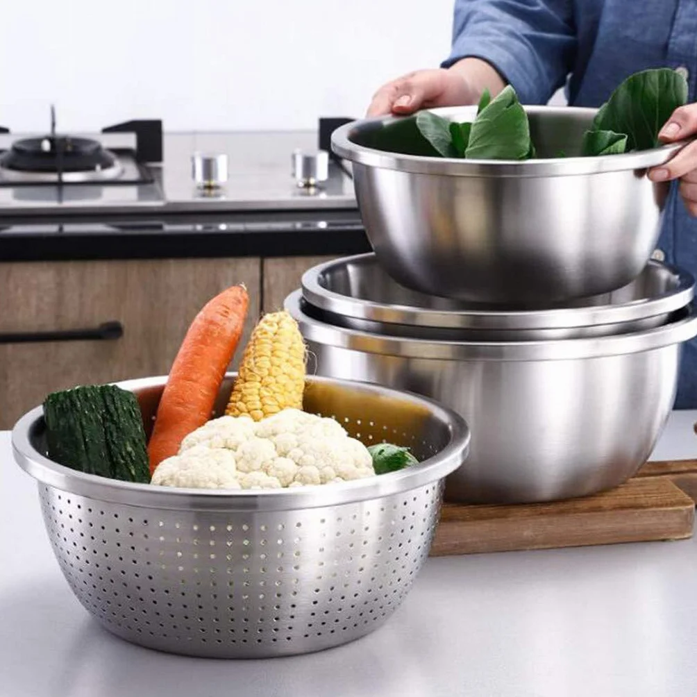 Vajilla Cuencos para Mezclar, Juego de 3 Ensaladeras de Acero Inoxidable, Cuencos Anidados de Metal para Cocina para Mezclar, Batir y Almacenar Alimentos - sin Tapa26cm-