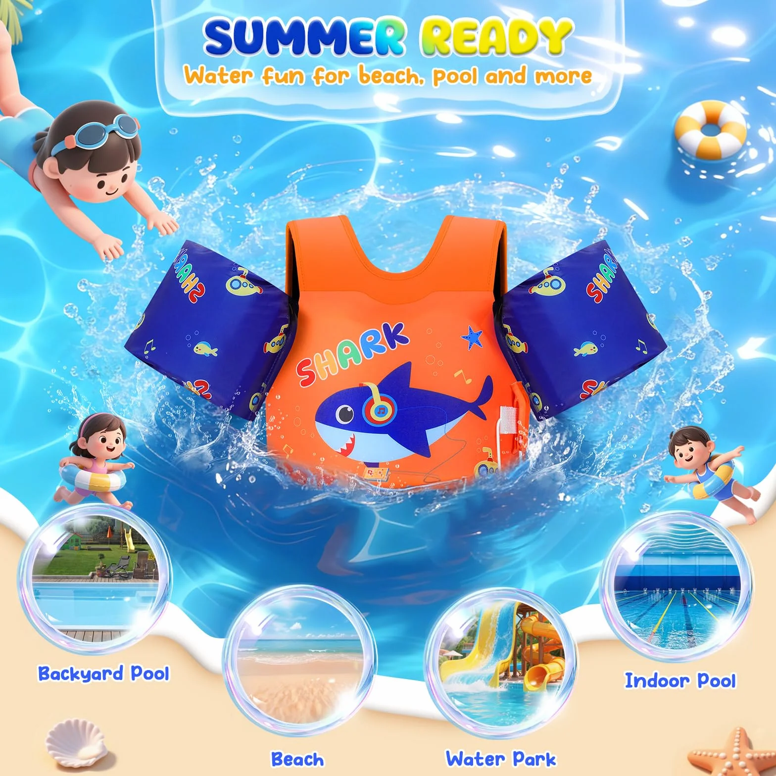 MoKo Chaleco de Natación para Niños, Flotadores de Brazo para Niños, Flotadores de Agua con Silbato para Piscina Playa