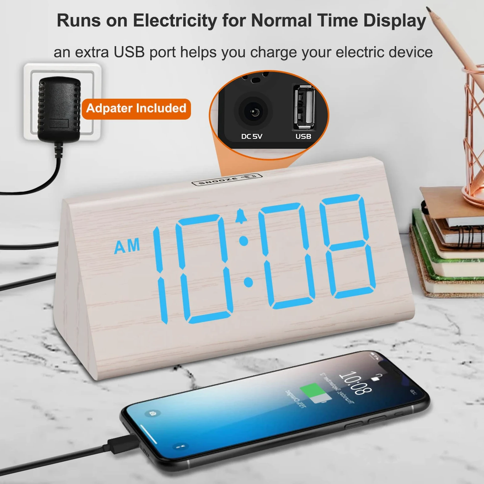 DreamSky Despertador digital de madera para dormitorios, reloj eléctrico de escritorio con números grandes, puerto USB, alarma de respaldo de batería, volumen ajustable, atenuador, repetición, DST,