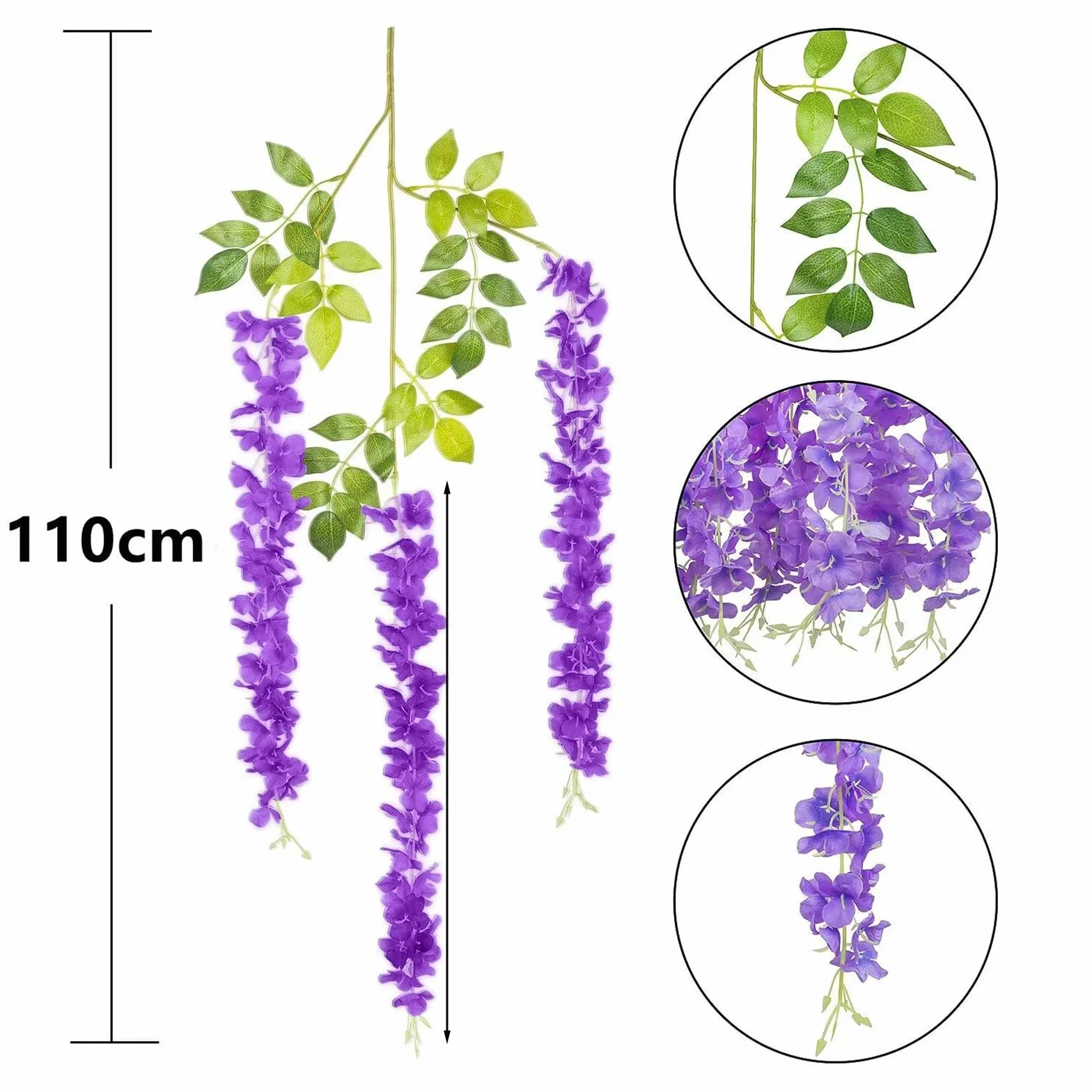 12 unidades de glicinas artificiales, 110 cm de largo, guirnalda de flores de seda colgante con triple tallo, para bodas, fiestas, barandillas y decoración del hogar interior/exterior (morado)