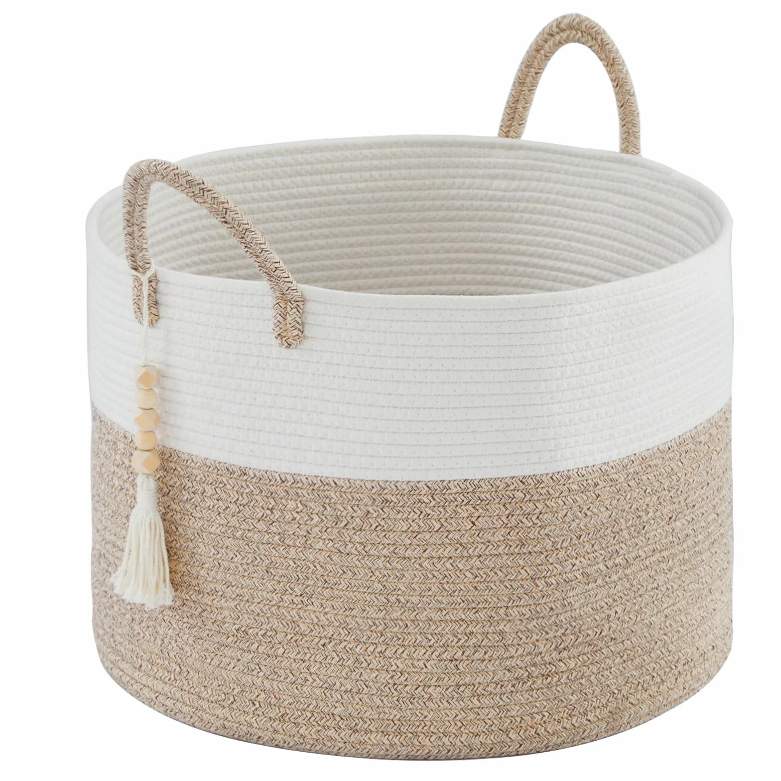 YOUDENOVA Cesta de lavandería con cuentas colgantes de madera, cesta de almacenamiento de juguetes para niños, cesta de manta de cuerda de algodón grande, cesta de almacenamiento tejida para
