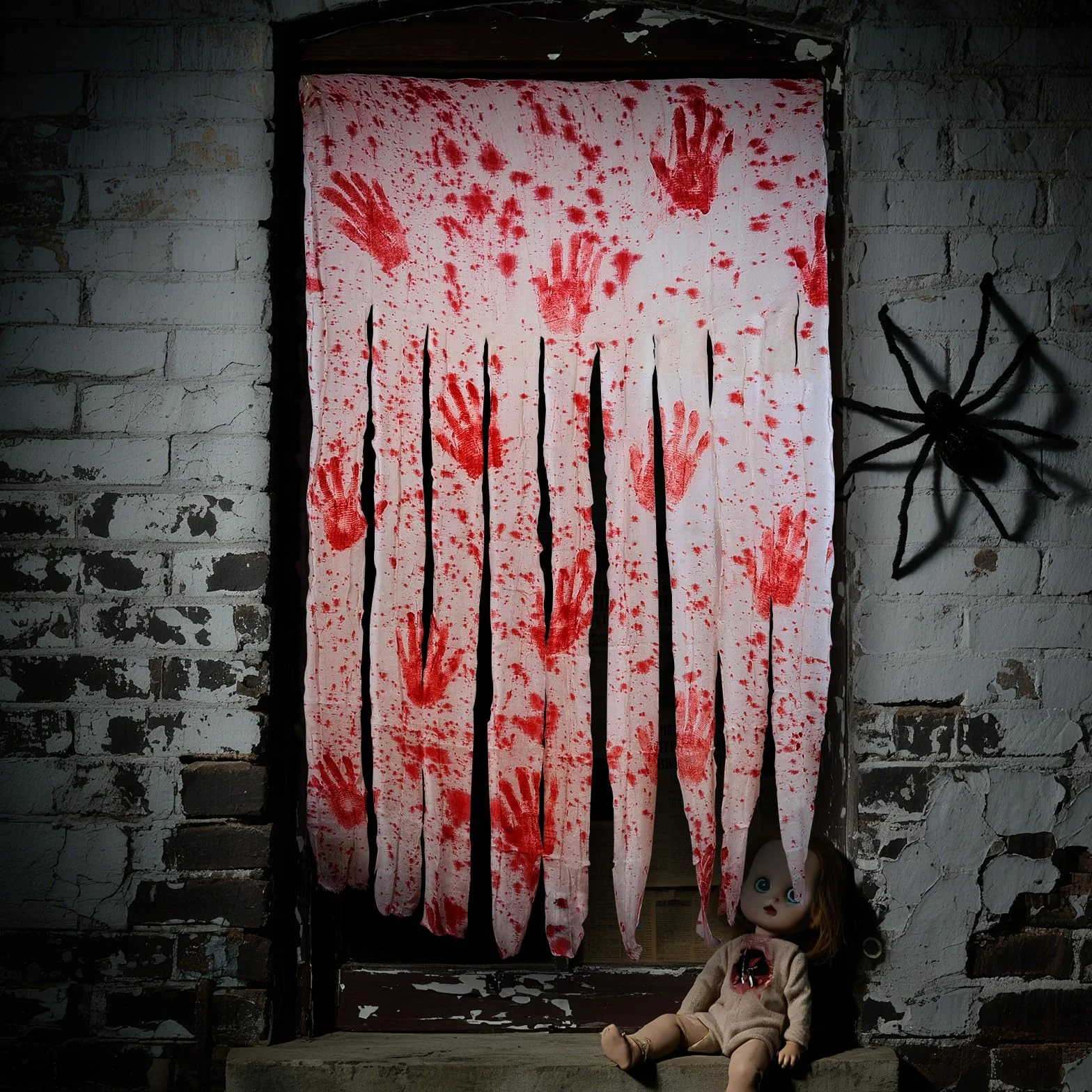 Cortina de Puerta de Halloween, 2 Piezas Cortinas Decorativas Halloween 100x165cm, Tela Espeluznante Cortina Sangrienta y Puntos Adhesivos para Decoración de Interior Exterior, Casa Embrujada