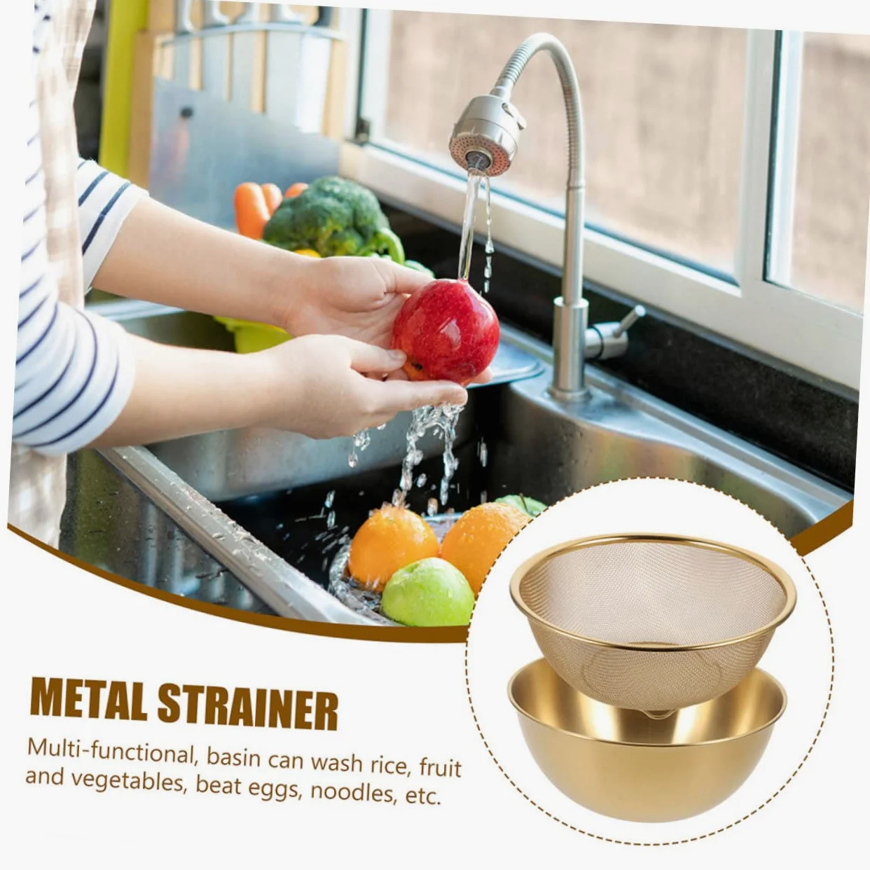 Alipis Colador Escurridor De Arroz y Verduras Acero Inoxidable 24 Cm Multifuncional Cesta Drenaje Hogar Conjunto 2 Piezas Color Dorado Para Cocina y Lavado Diario