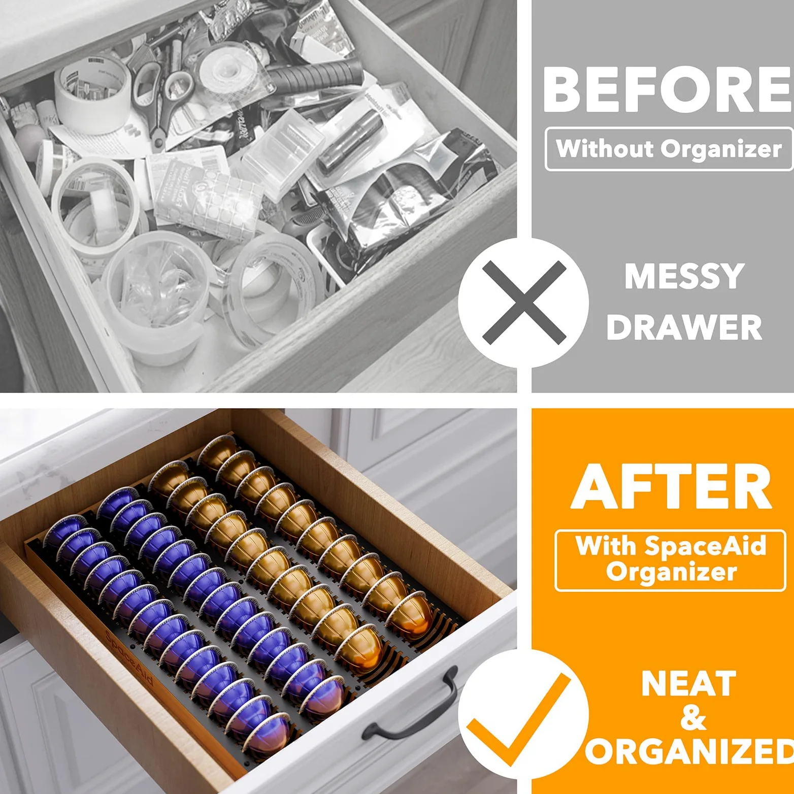 SpaceAid Organizador de cajones para cápsulas de café Nespresso Vertuo, bandeja de almacenamiento de bambú para Nespresso Vertuo, compatible con 40 cápsulas grandes o 52 pequeñas Vertuoline (inserto