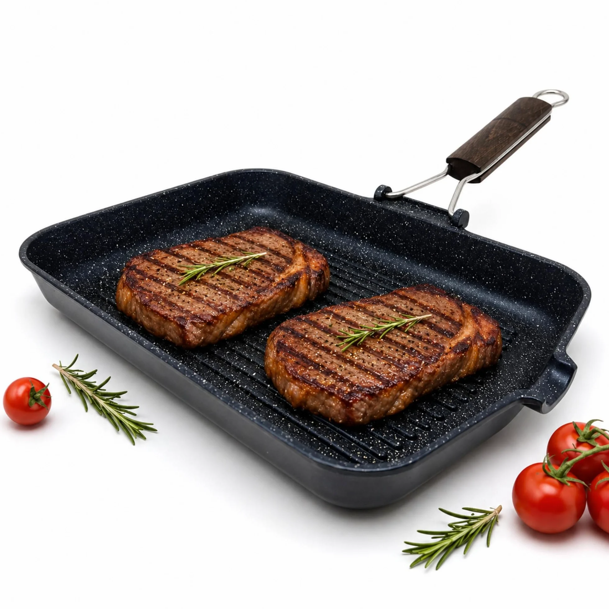 NAMAI - Sarten Plancha Antiadherente Rectangular, 35CM x 25CM, Aluminio Fundido a Presión, Apta Para Lavavajillas, Mango Plegable Para Ahorrar Espacio, Fabricada en Italia