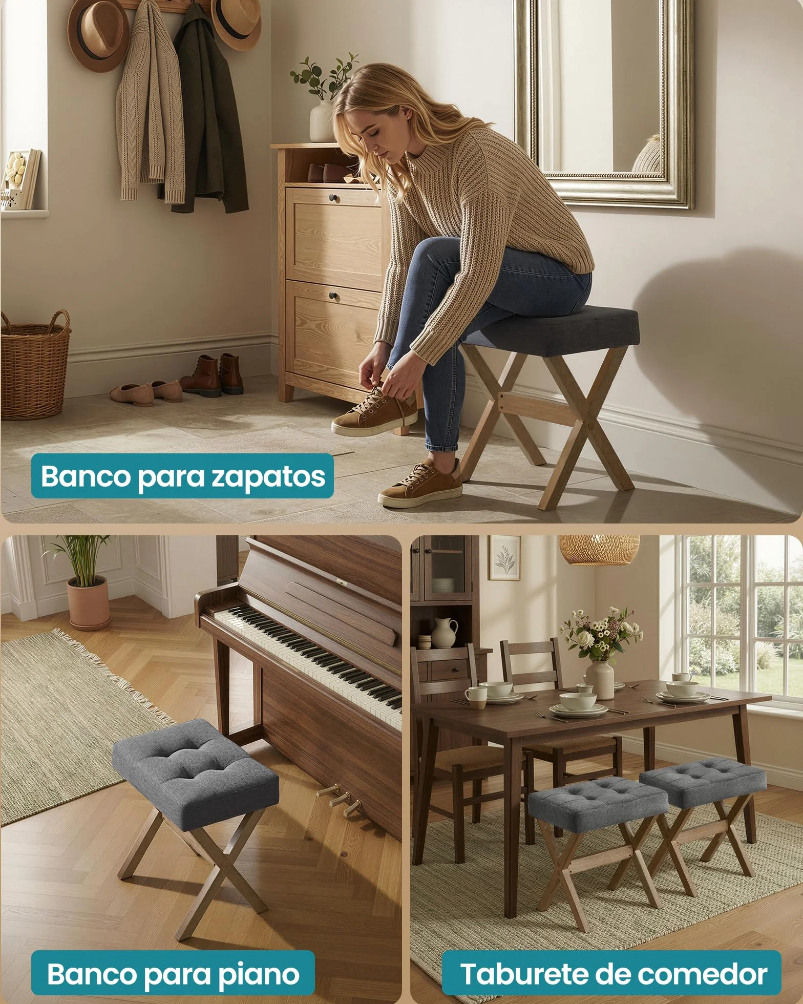 SONGMICS Taburete Tocador Acolchado Reposapiés 32x42x46 cm Gris Pizarra Marrón
