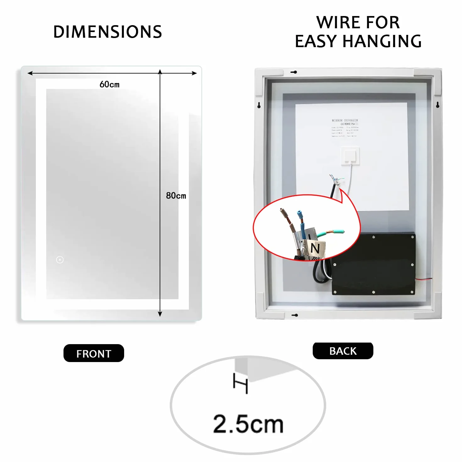 SaniteModar Espejo Baño con Luz 60x80 cm - Ultrabrillante - Espejo baño LED de Pared - Instalación Vertical/Horizontal, IP44 Impermeable