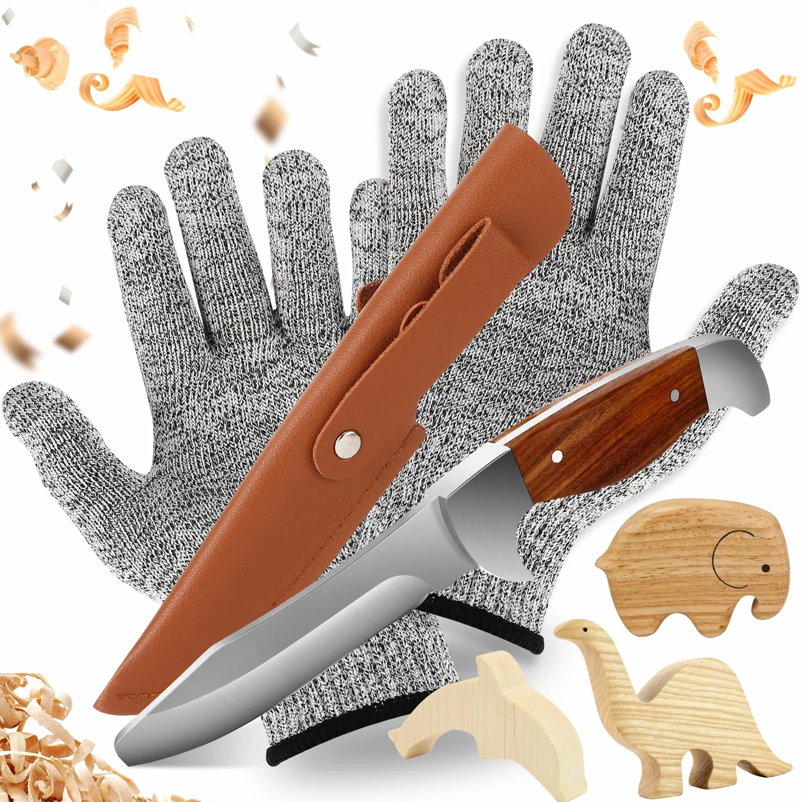 Cuchillo de Tallar para Niños, Navaja Pequeña Plegable con Funda y Guantes Anti-Corte – Juego de Tallado